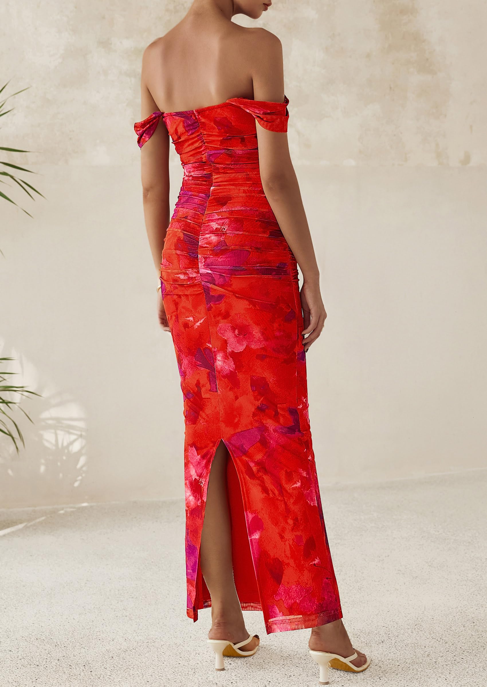 Foto 2 | Vestido Largo Prettygarden Para Mujer, Ajustado Fruncido, Rojo Oxidado, Con Estampado Floral - Venta Internacional.