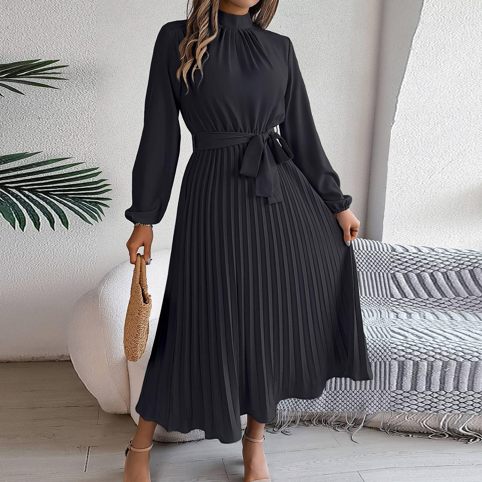 Foto 4 pulgar | Vestido De Moda Retro De Color Liso De Manga Larga Para Mujer - Venta Internacional.