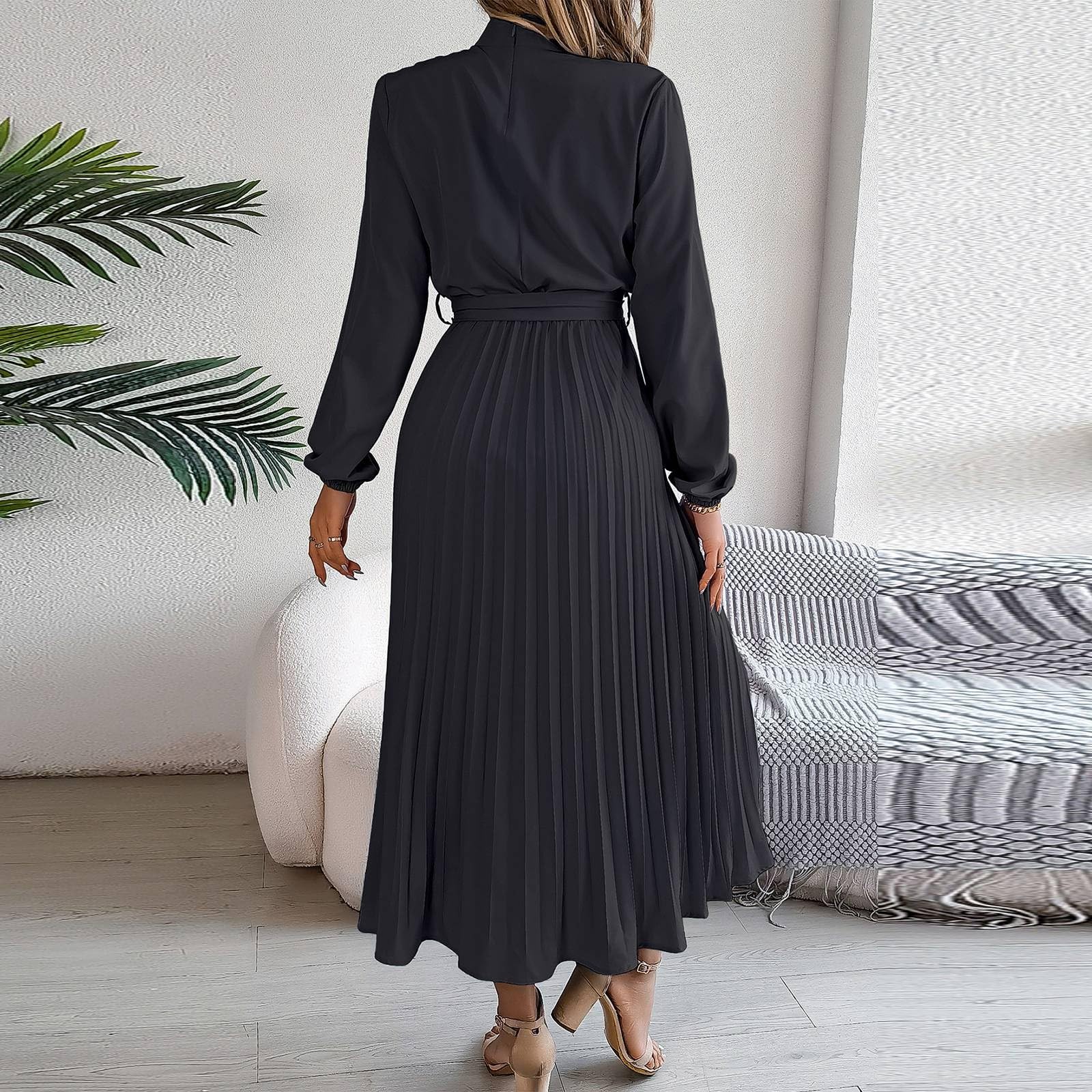 Foto 4 | Vestido De Moda Retro De Color Liso De Manga Larga Para Mujer - Venta Internacional.