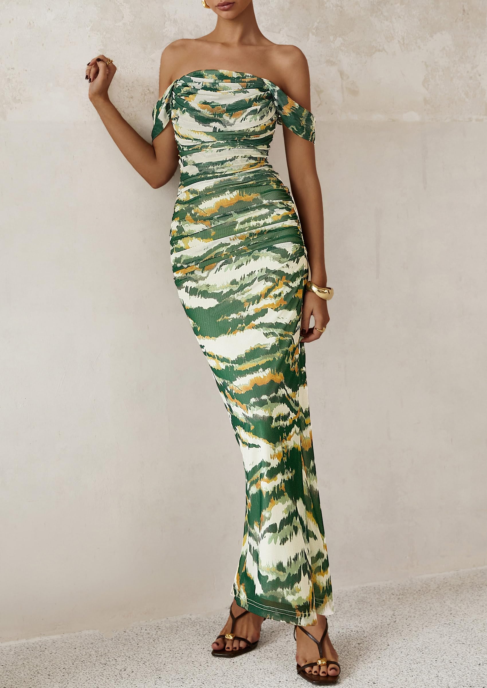 Foto 4 pulgar | Vestido Largo Prettygarden Para Mujer, Ajustado Fruncido, Estampado Floral S, Verde Militar Oscuro - Venta Internaciona