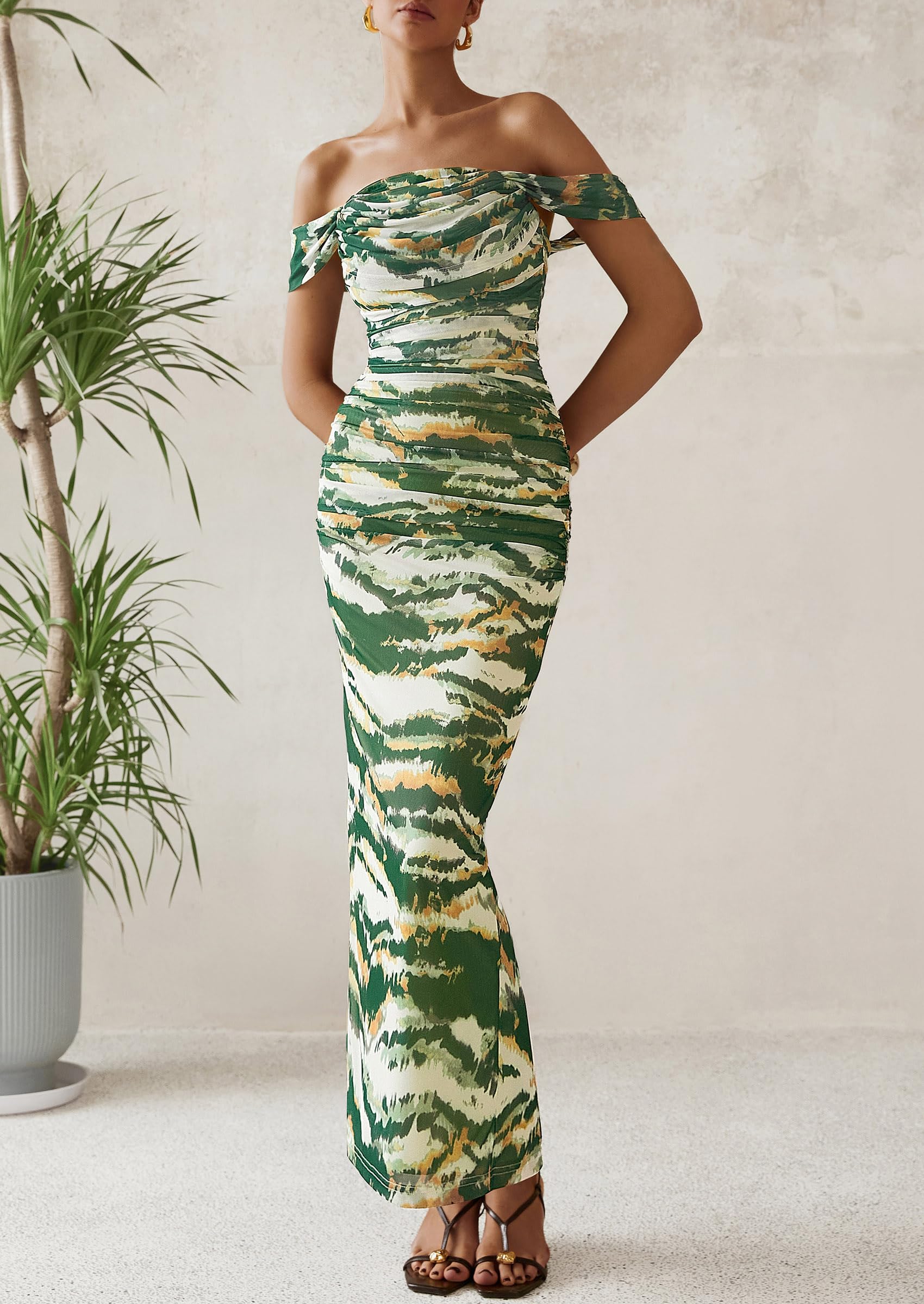 Foto 6 pulgar | Vestido Largo Prettygarden Para Mujer, Ajustado Fruncido, Estampado Floral S, Verde Militar Oscuro - Venta Internaciona