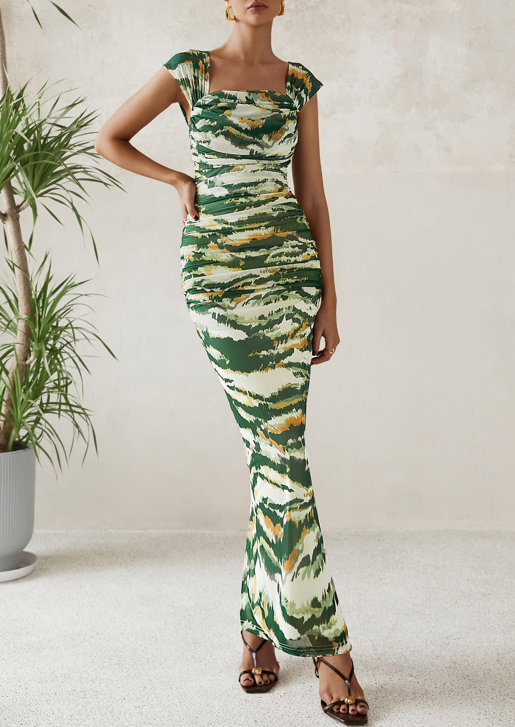 Foto 7 | Vestido Largo Prettygarden Para Mujer, Ajustado Fruncido, Estampado Floral S, Verde Militar Oscuro - Venta Internaciona