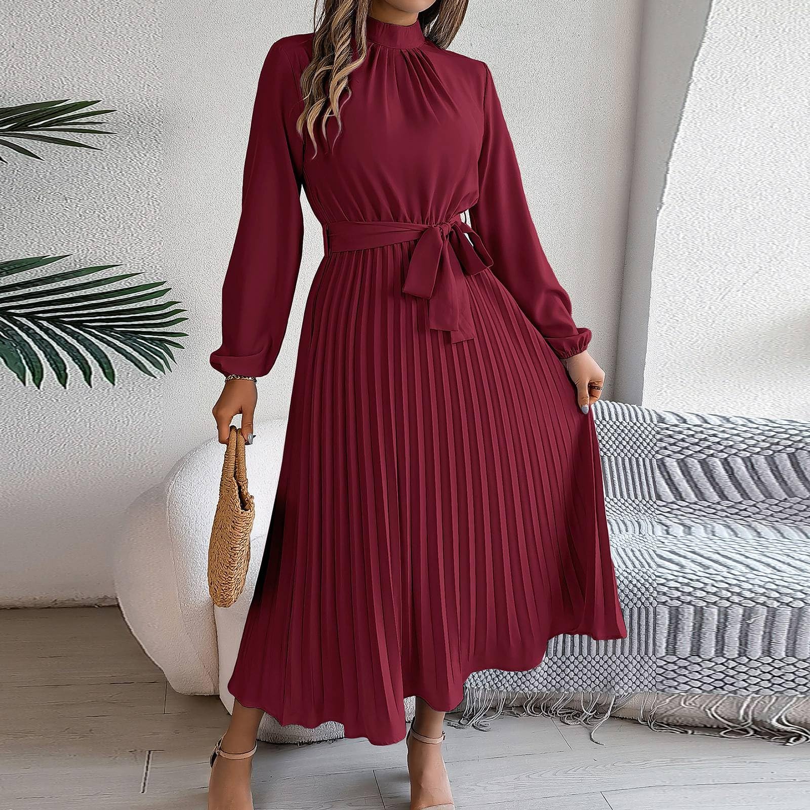 Foto 3 pulgar | Vestido Qufech Para Mujer, Estilo Retro, Color Liso, Manga Larga, Talla Grande - Venta Internacional.