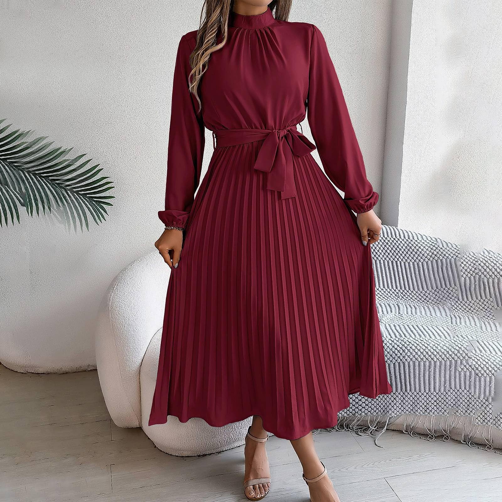 Foto 4 | Vestido Qufech Para Mujer, Estilo Retro, Color Liso, Manga Larga, Talla Grande - Venta Internacional.