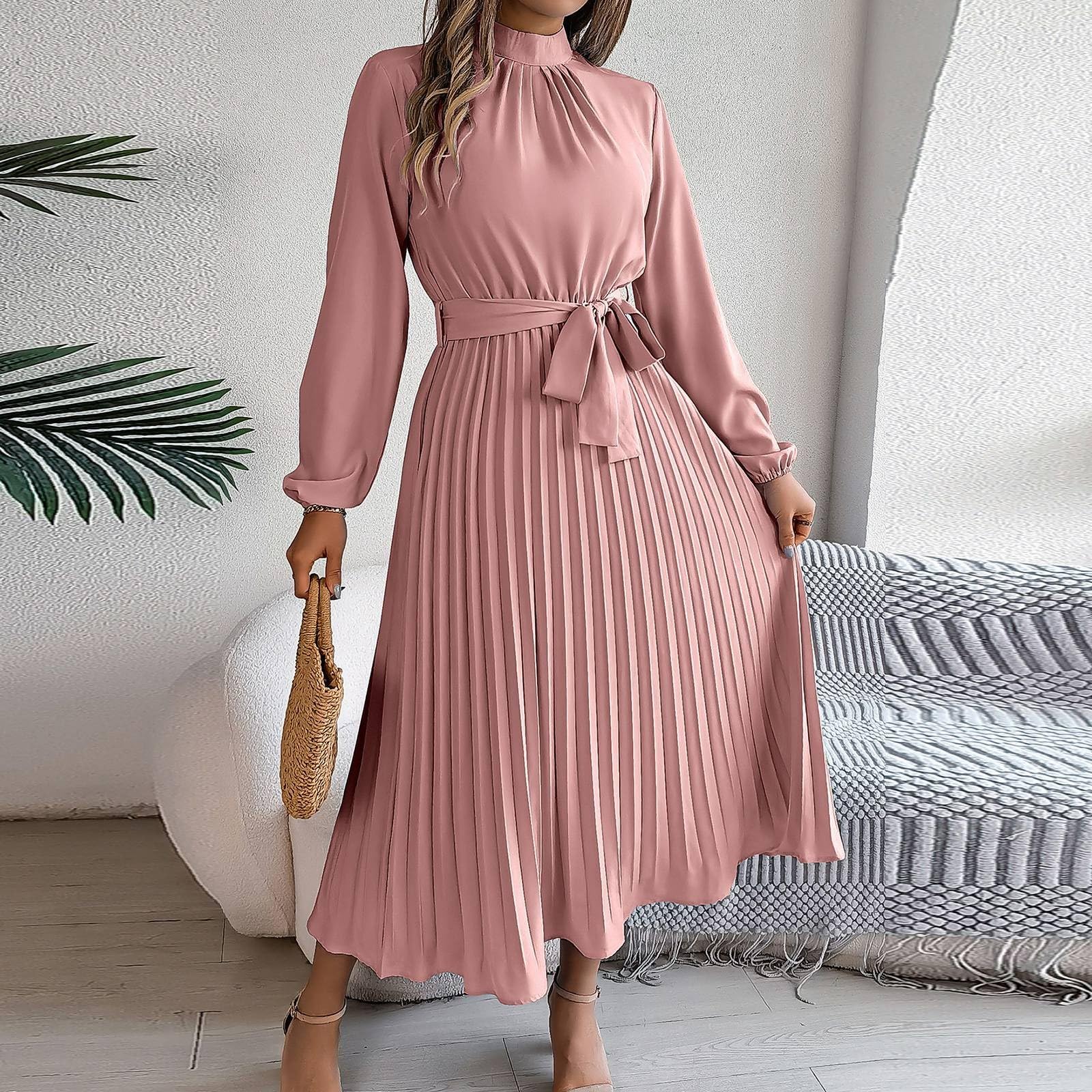 Foto 4 pulgar | Vestido Largo Casual Retro De Color Liso De Manga Larga Para Mujer - Venta Internacional.