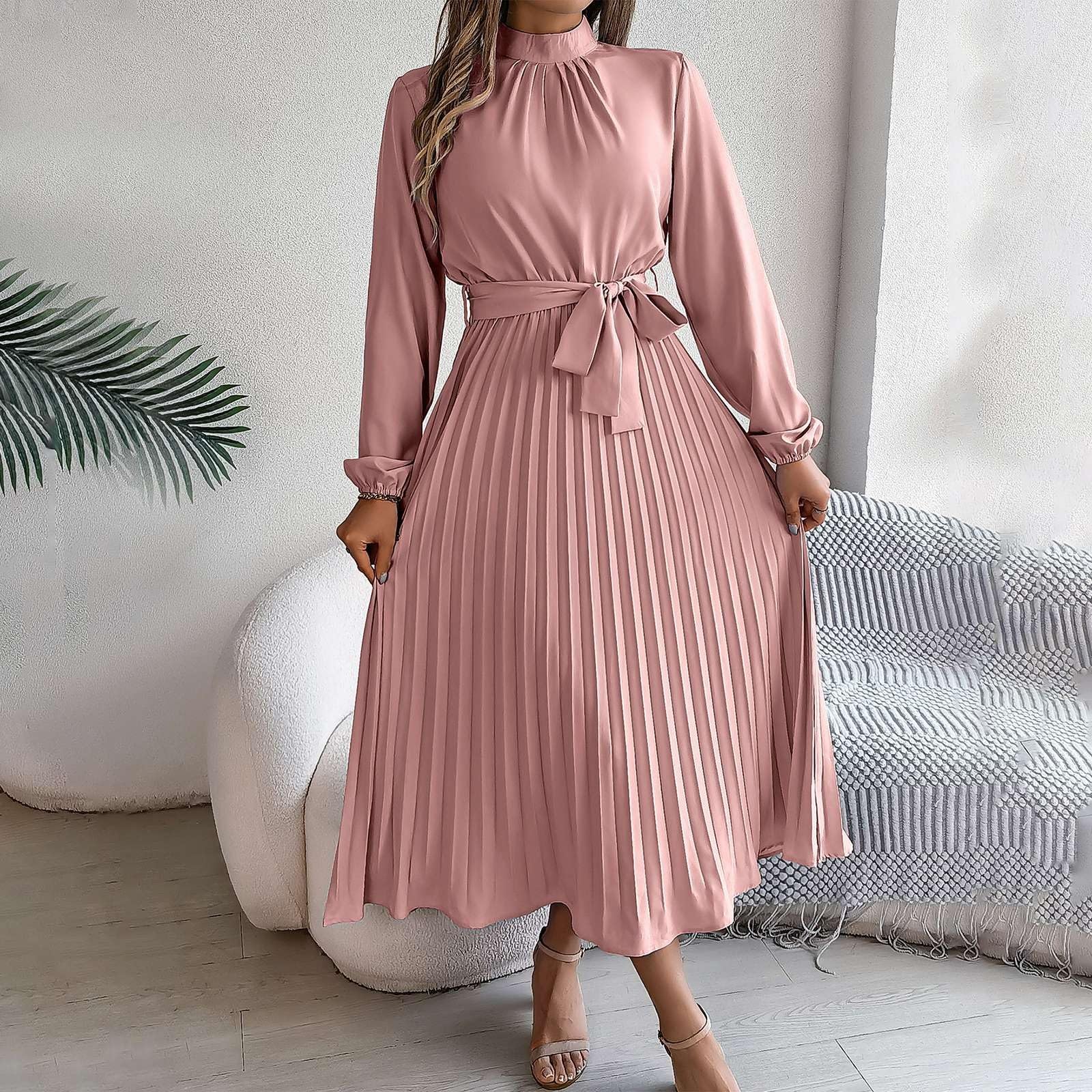 Foto 4 | Vestido Largo Casual Retro De Color Liso De Manga Larga Para Mujer - Venta Internacional.