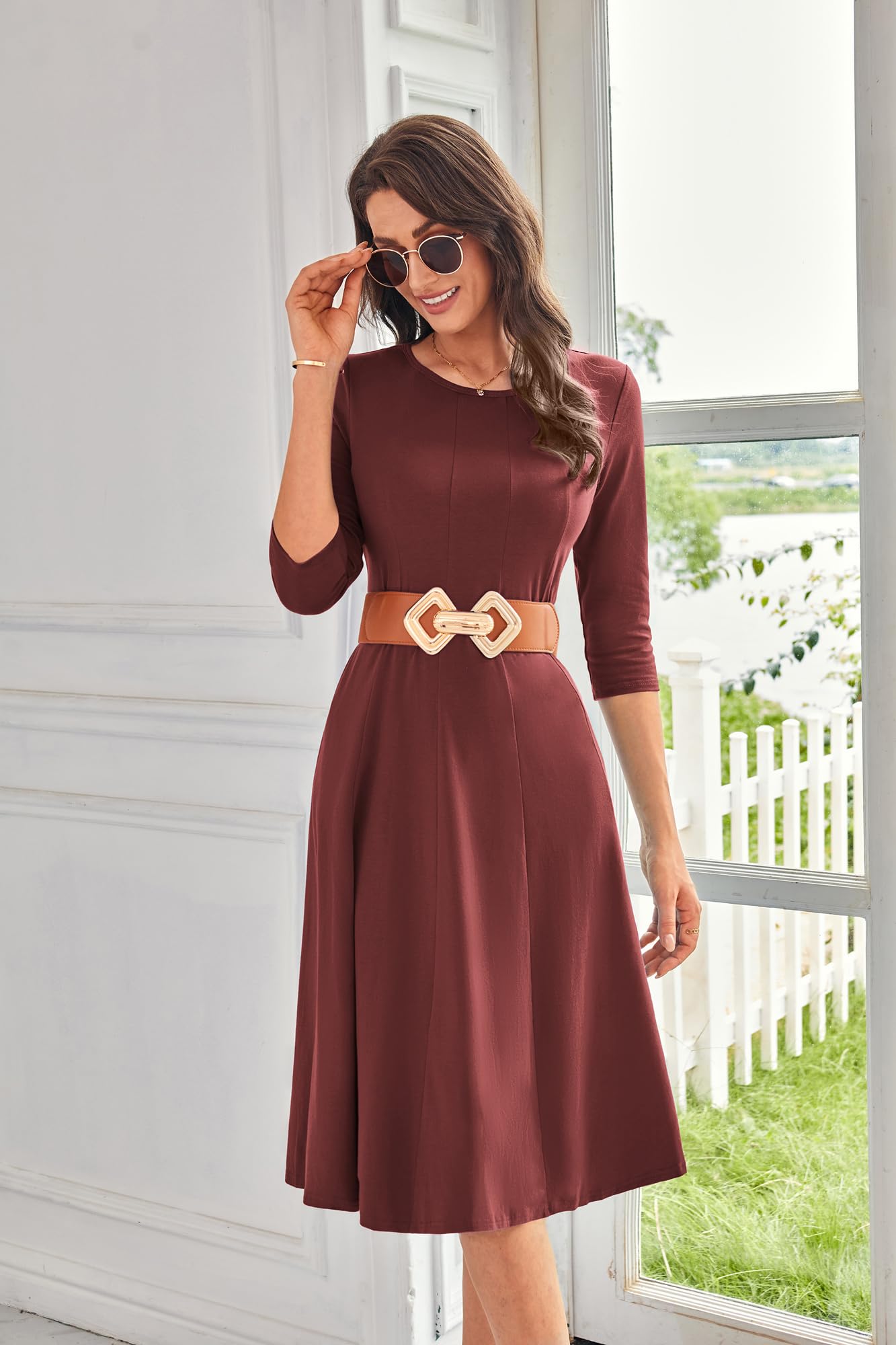 Foto 4 pulgar | Vestido Grace Karin, Manga 3/4, Casual, Línea A, Midi S, Granate - Venta Internacional.