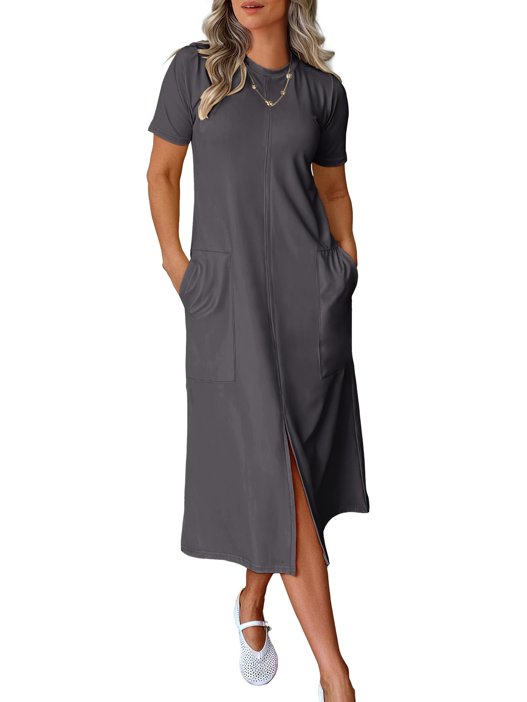 Vestido Midi Anrabess 2025, Casual De Verano, Cuello Redondo, Gris Oscuro - Venta Internacional.