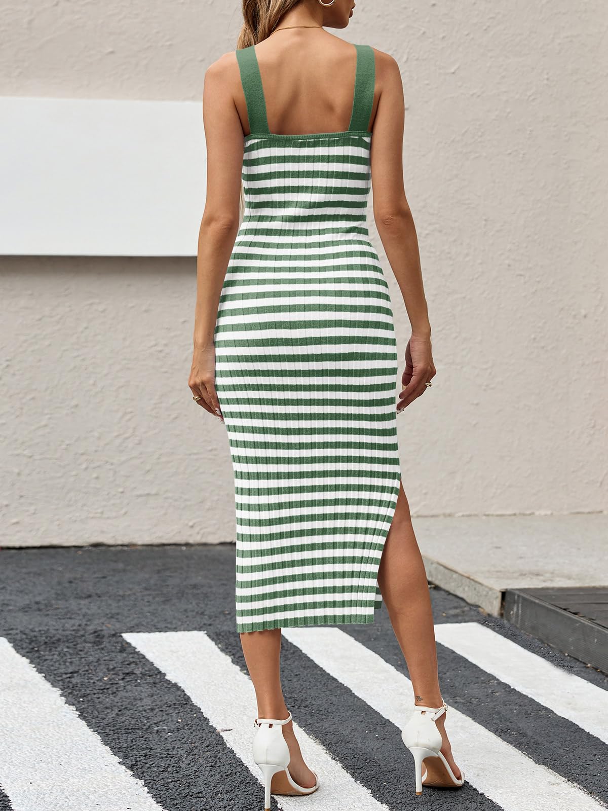 Foto 6 pulgar | Vestido Midi Saodimallsu De Punto A Rayas Sin Mangas A-green Para Mujer - Venta Internacional.