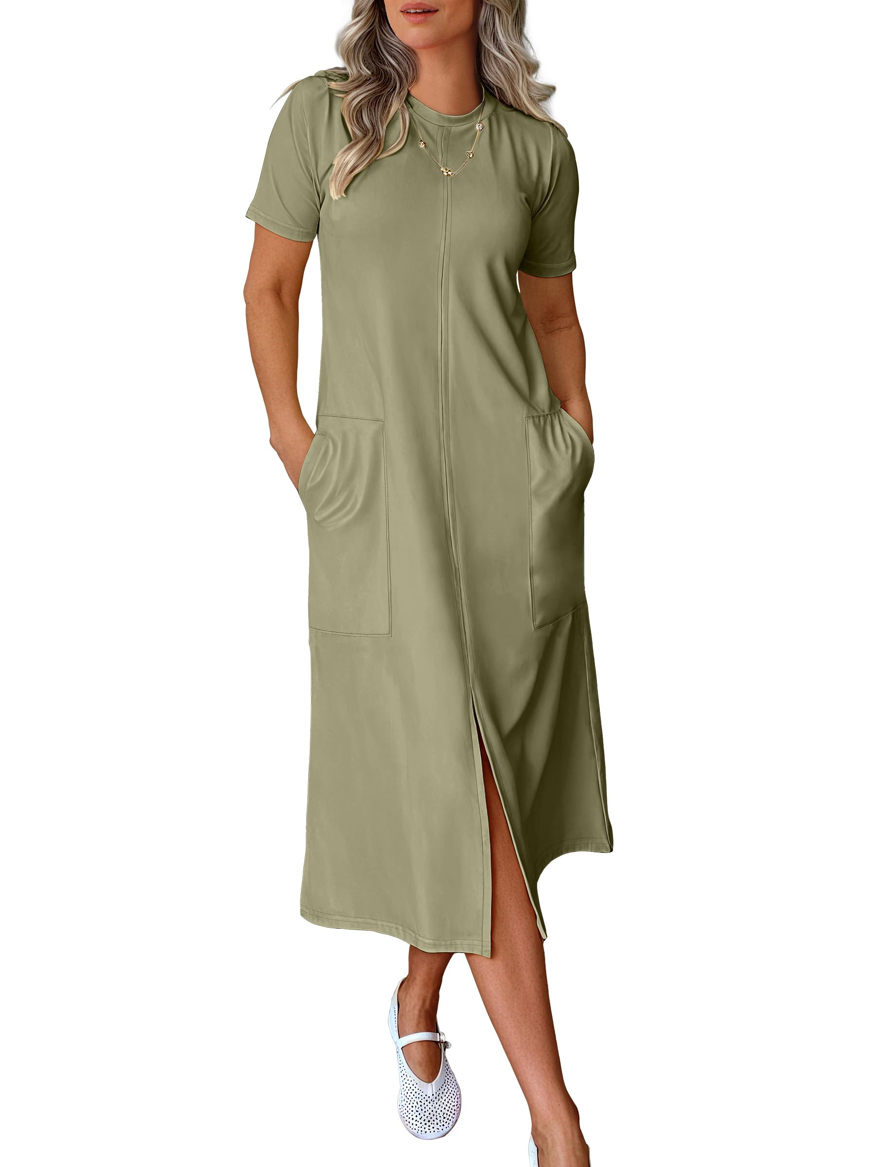 Vestido Midi Anrabess 2025, Casual De Verano, Manga Corta, Verde Militar - Venta Internacional.