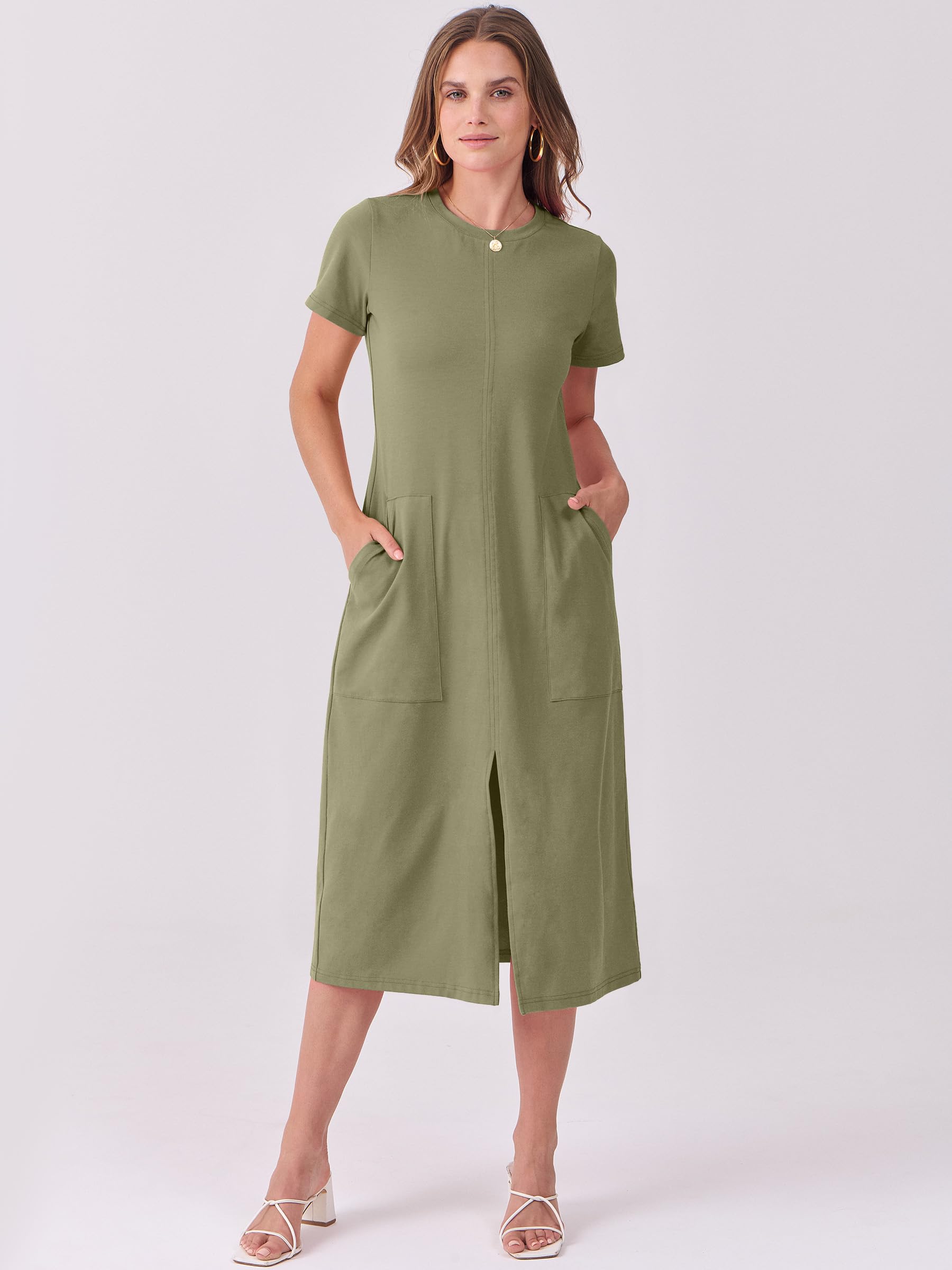 Foto 3 pulgar | Vestido Midi Anrabess 2025, Casual De Verano, Manga Corta, Verde Militar - Venta Internacional.