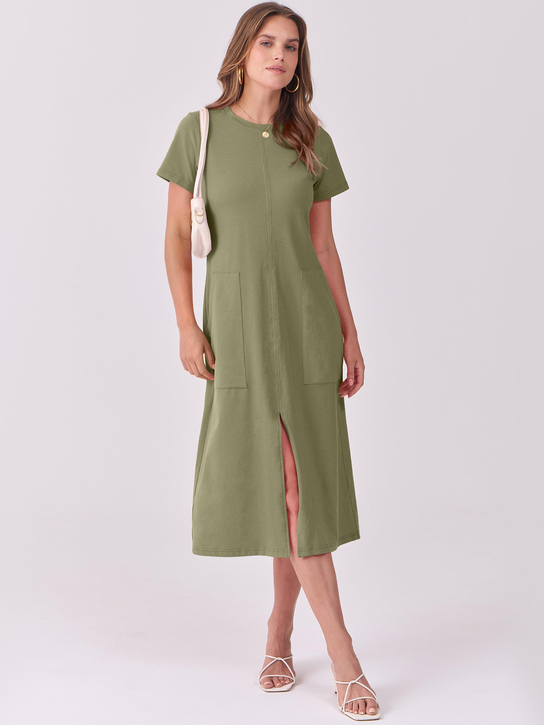 Foto 4 pulgar | Vestido Midi Anrabess 2025, Casual De Verano, Manga Corta, Verde Militar - Venta Internacional.