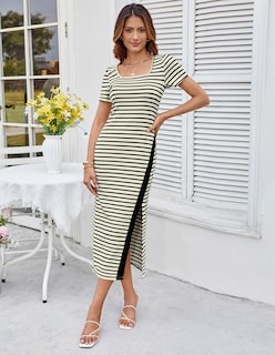 Foto 3 | Vestido Ajustado A Rayas De Manga Corta De Verano Grace Karin Para Mujer - Venta Internacional.