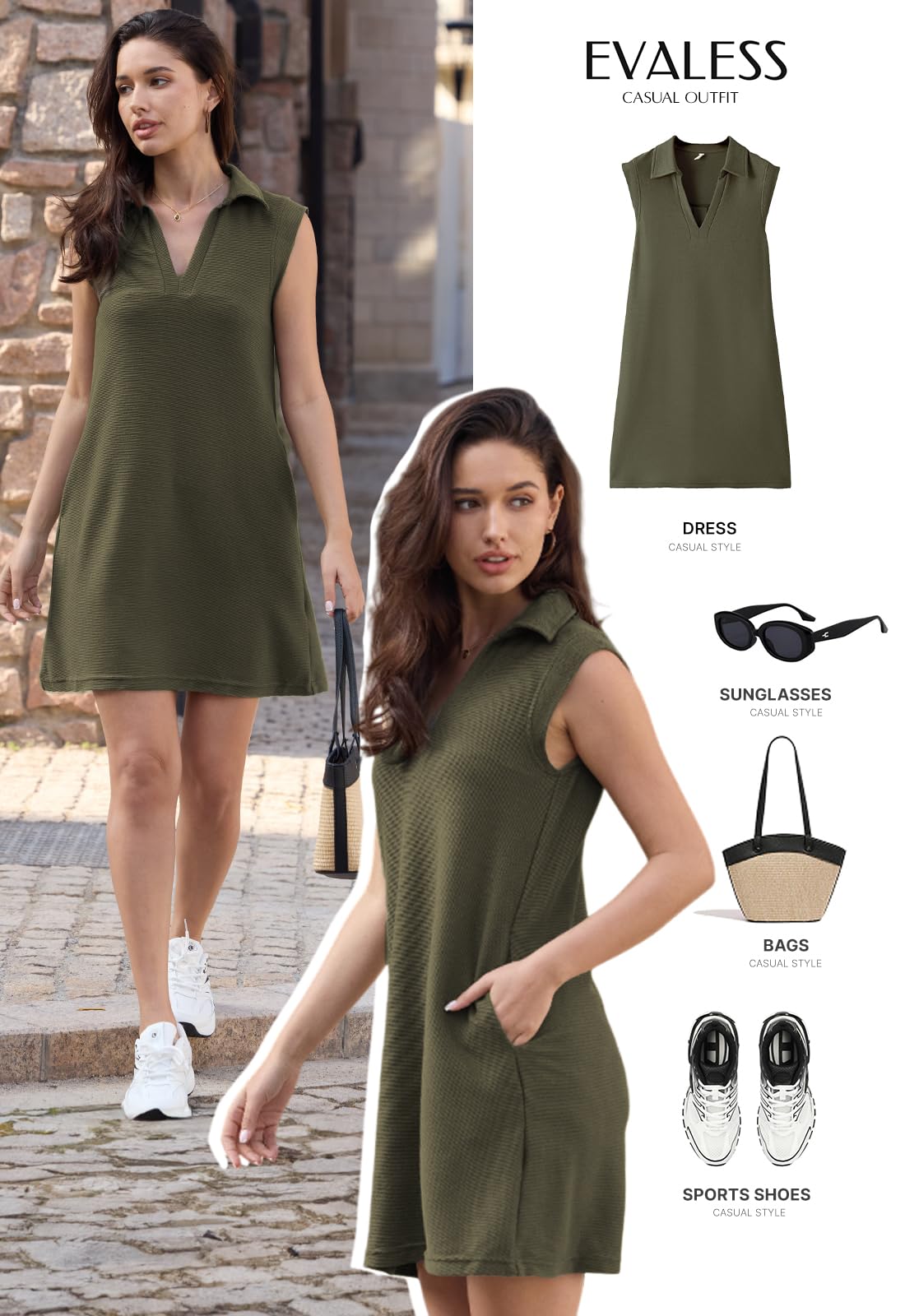 Foto 3 pulgar | Vestido Evaless Caqui Para Mujer, Primavera Y Verano, Cuello En V, Sin Mangas - Venta Internacional.