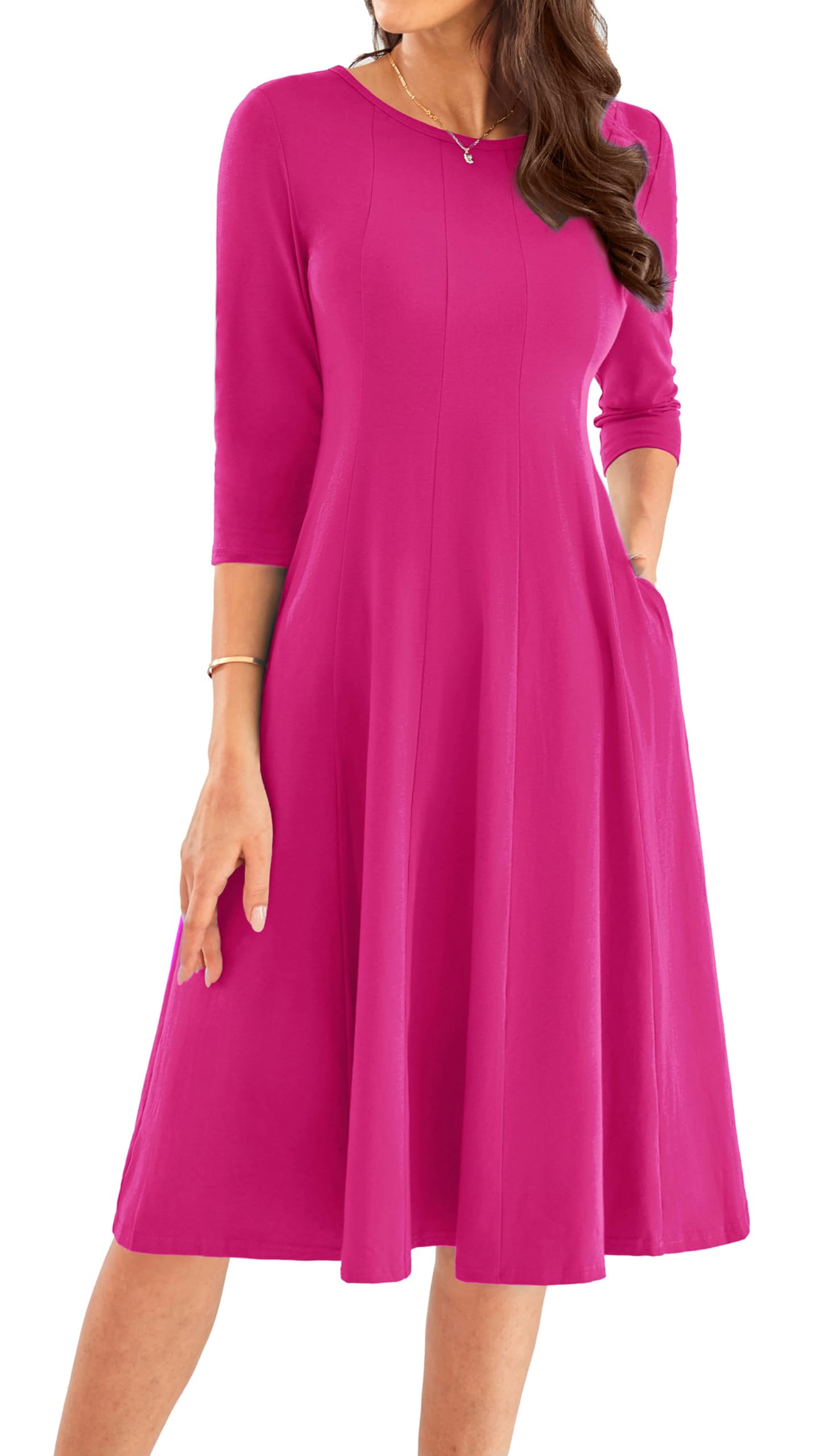 Foto 2 pulgar | Vestido Casual Grace Karin En Forma De A, Manga 3/4, Swing Midi S, Rosa Rojo - Venta Internacional.