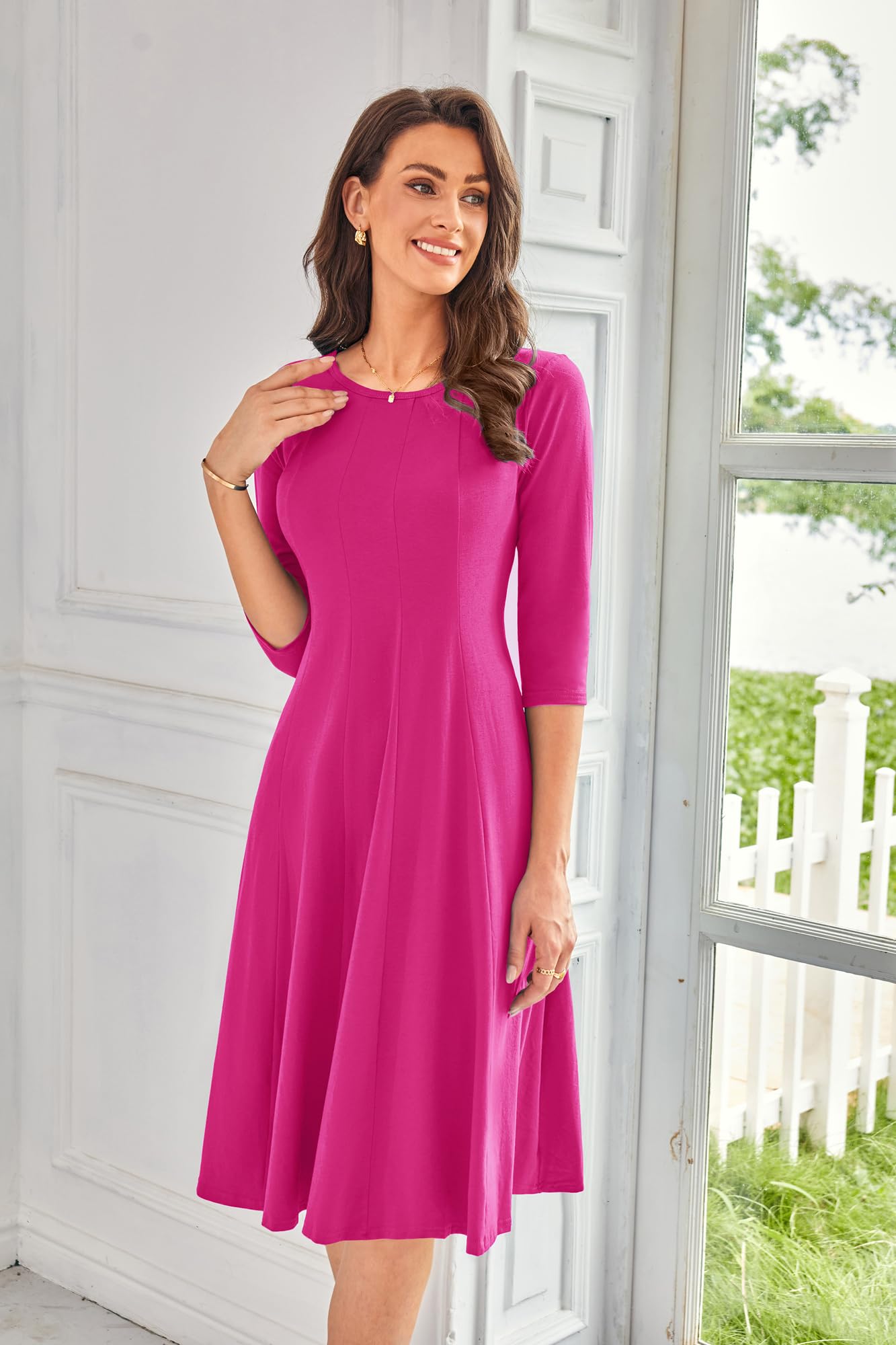 Foto 3 pulgar | Vestido Casual Grace Karin En Forma De A, Manga 3/4, Swing Midi S, Rosa Rojo - Venta Internacional.