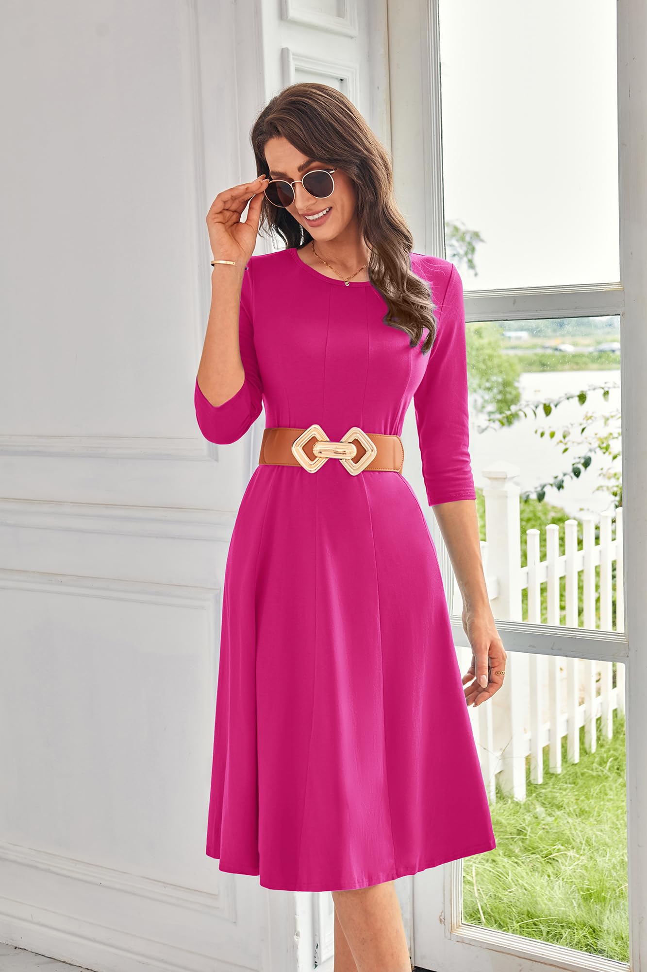 Foto 4 pulgar | Vestido Casual Grace Karin En Forma De A, Manga 3/4, Swing Midi S, Rosa Rojo - Venta Internacional.