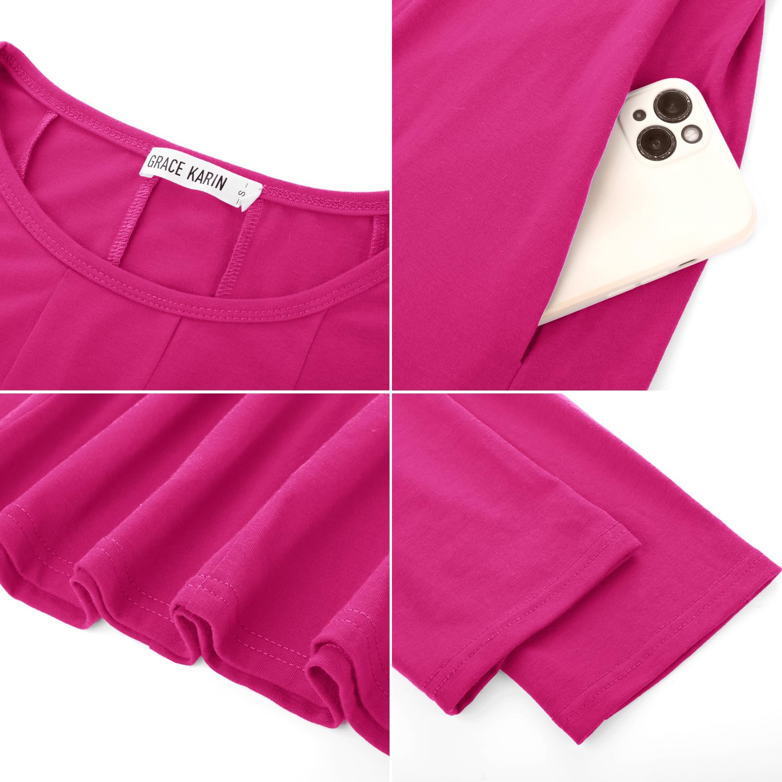 Foto 6 pulgar | Vestido Casual Grace Karin En Forma De A, Manga 3/4, Swing Midi S, Rosa Rojo - Venta Internacional.