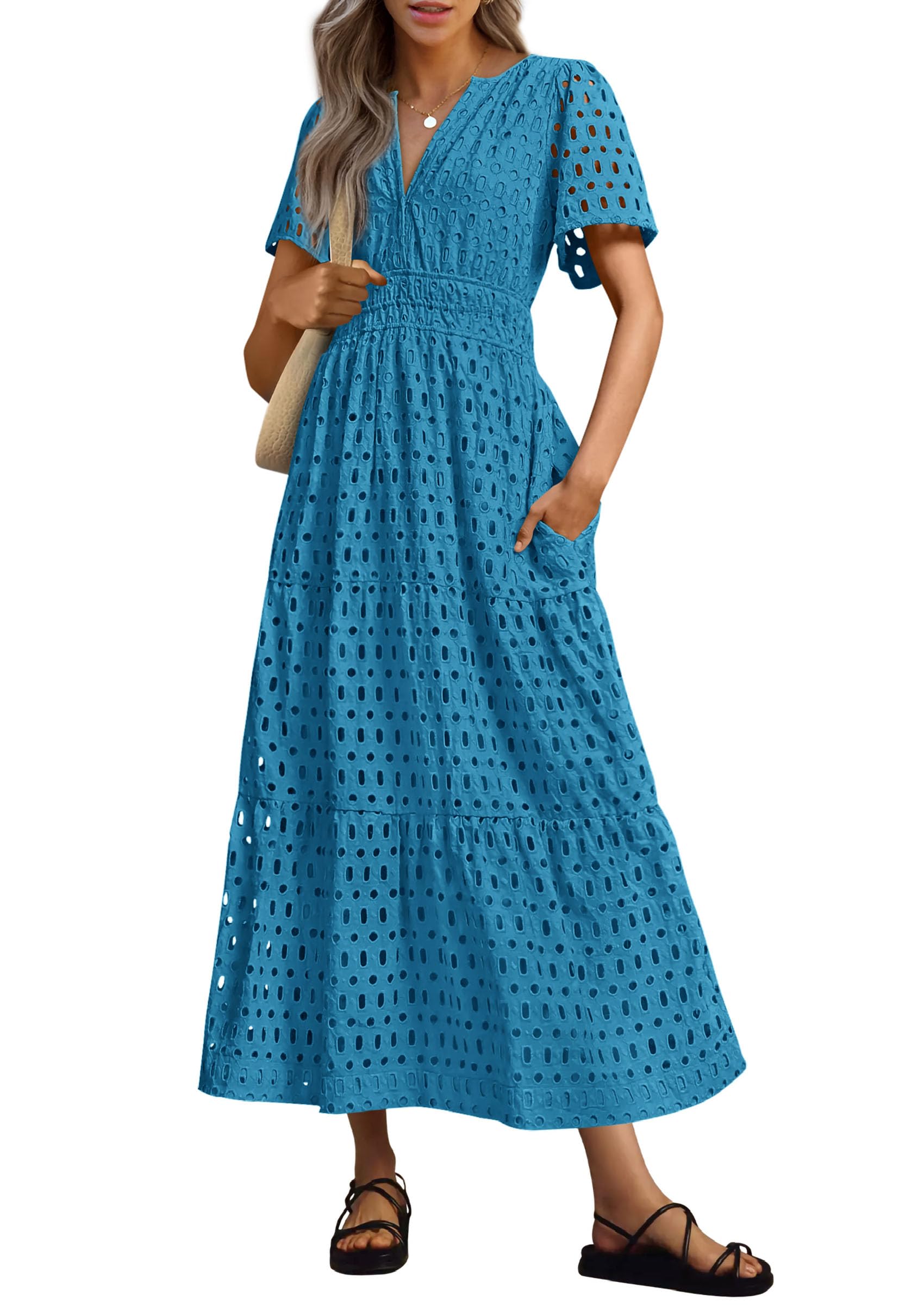 Foto 1 | Vestido Largo Prettygarden Para Mujer 2025 Con Cuello En V Y Ojales, Azul Lago - Venta Internacional.