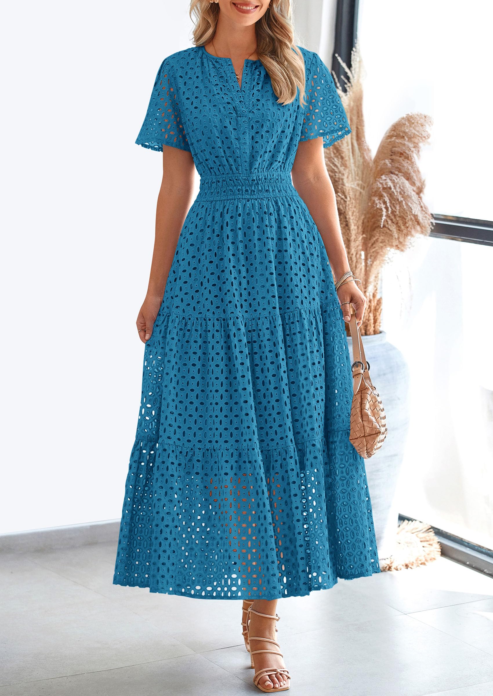 Foto 3 pulgar | Vestido Largo Prettygarden Para Mujer 2025 Con Cuello En V Y Ojales, Azul Lago - Venta Internacional.