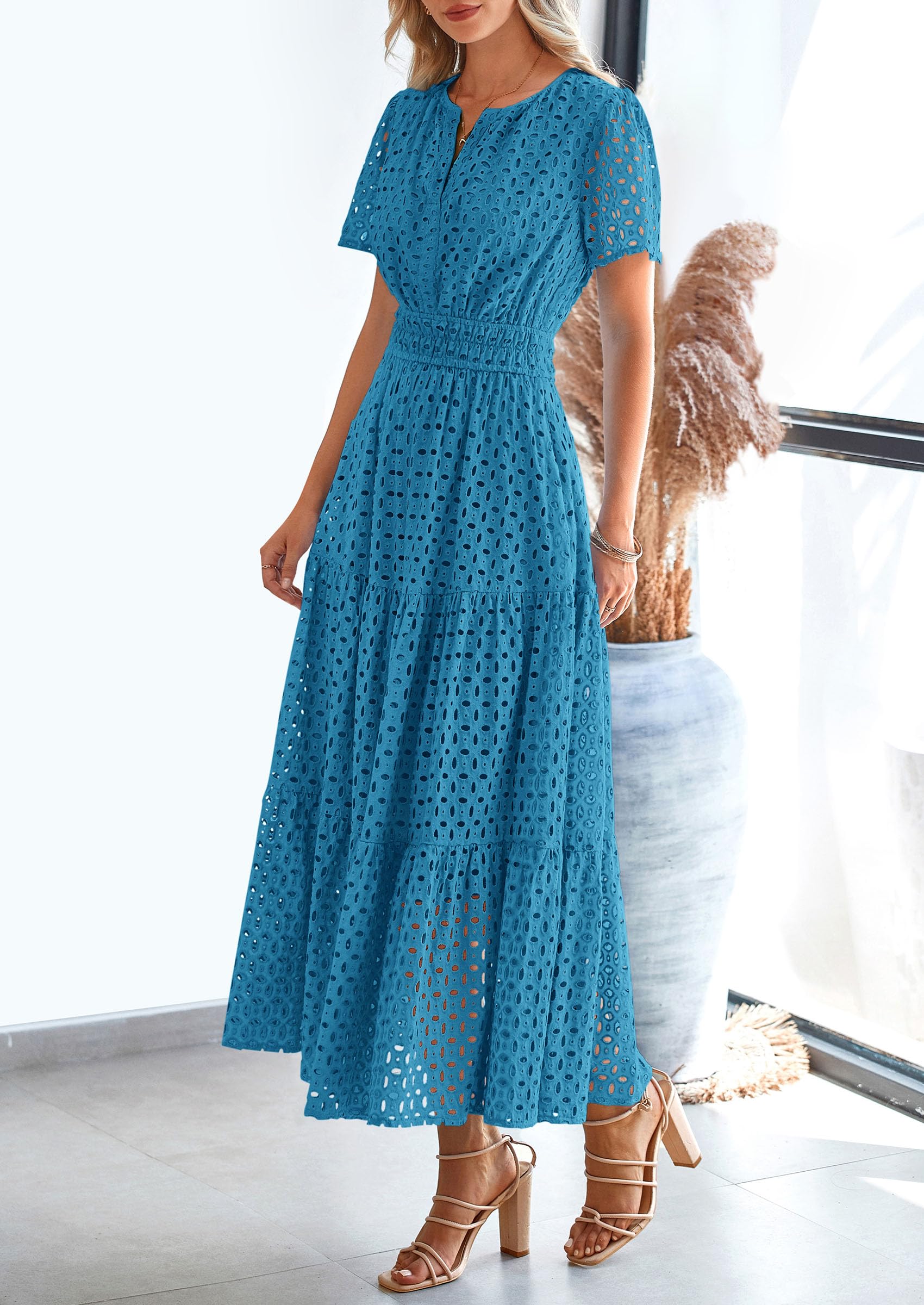 Foto 4 pulgar | Vestido Largo Prettygarden Para Mujer 2025 Con Cuello En V Y Ojales, Azul Lago - Venta Internacional.
