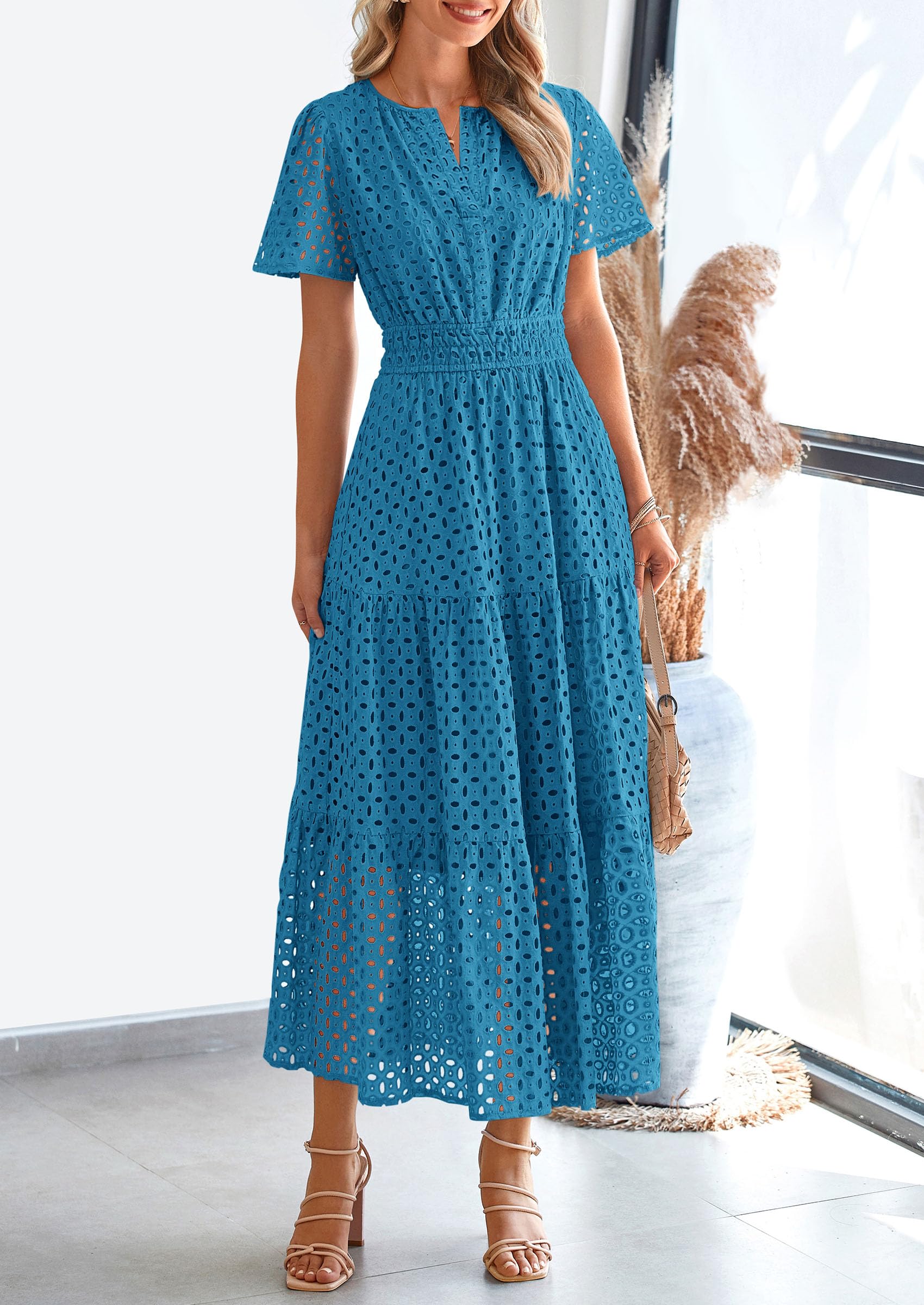 Foto 5 pulgar | Vestido Largo Prettygarden Para Mujer 2025 Con Cuello En V Y Ojales, Azul Lago - Venta Internacional.
