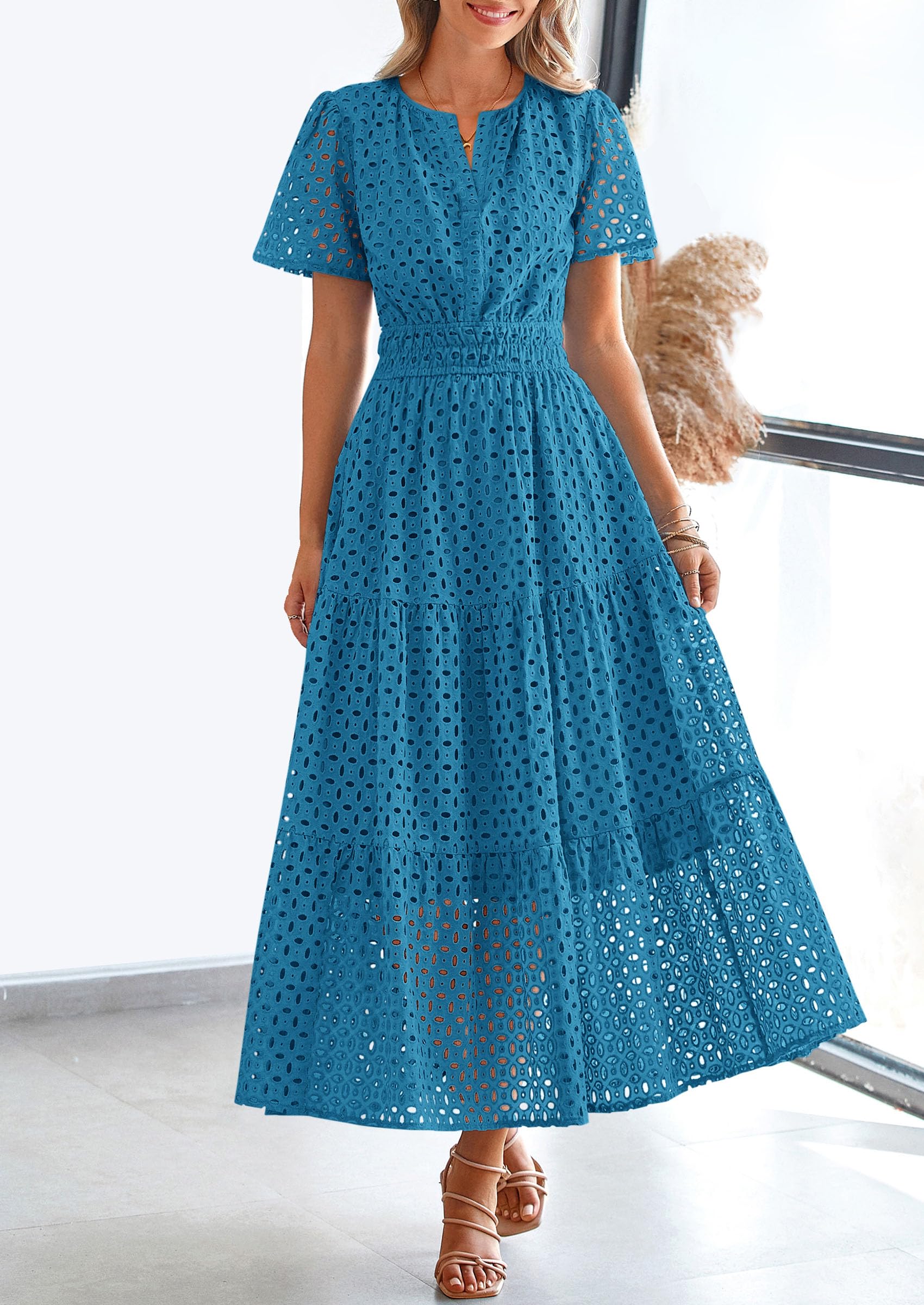 Foto 6 pulgar | Vestido Largo Prettygarden Para Mujer 2025 Con Cuello En V Y Ojales, Azul Lago - Venta Internacional.