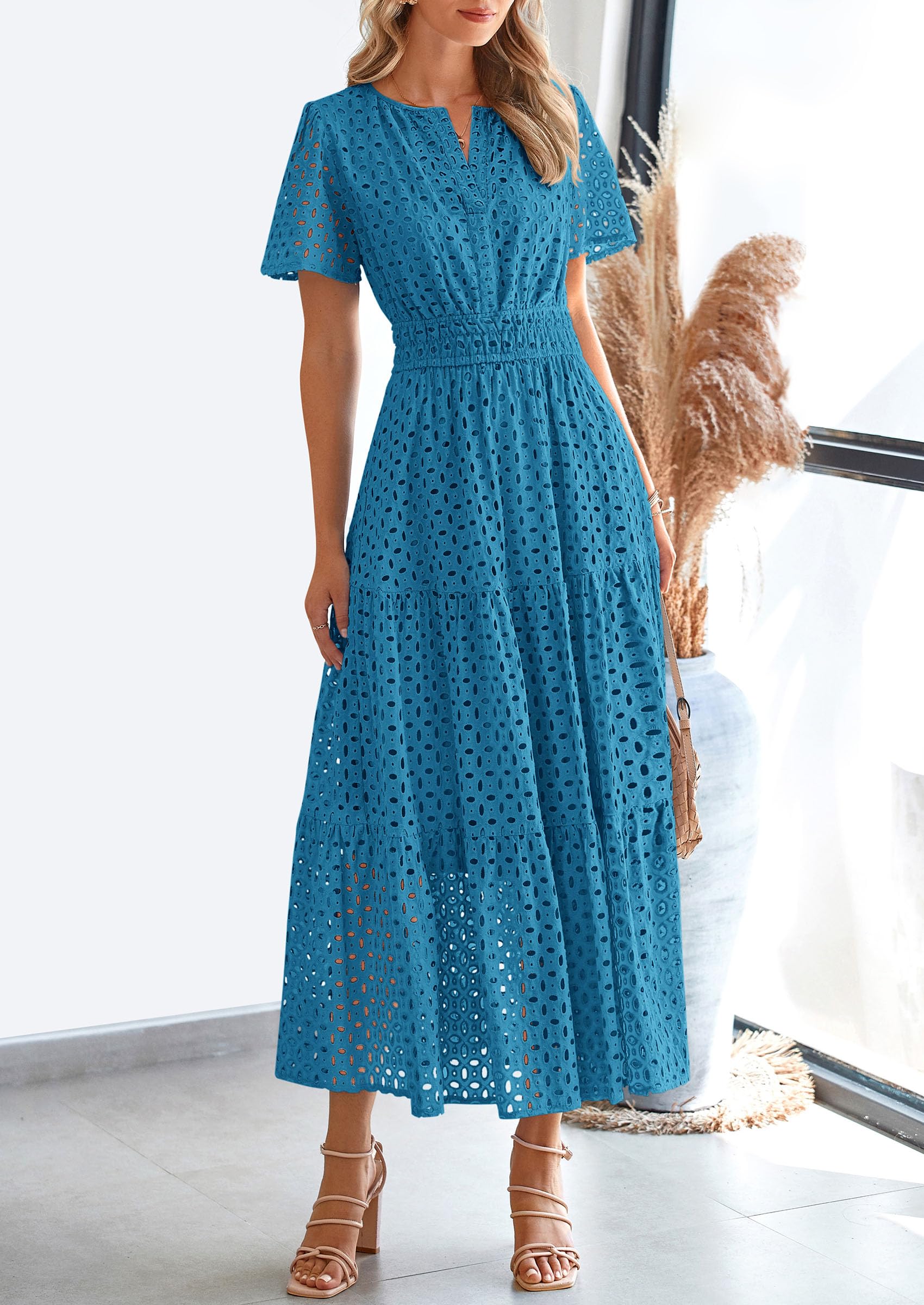 Foto 8 pulgar | Vestido Largo Prettygarden Para Mujer 2025 Con Cuello En V Y Ojales, Azul Lago - Venta Internacional.