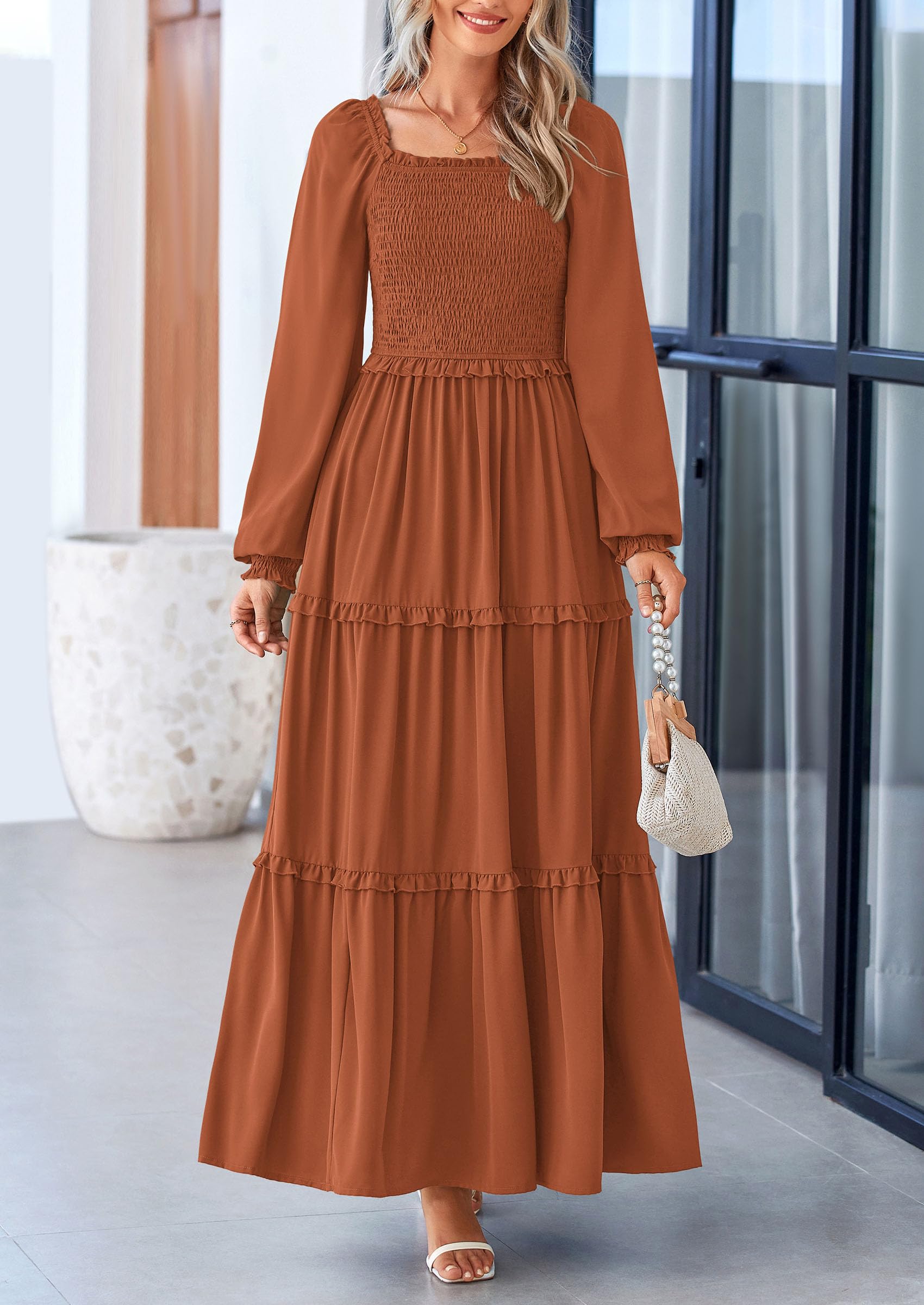 Foto 4 pulgar | Vestido Largo Prettygarden Para Mujer, Color Marrón Primaveral - Venta Internacional.