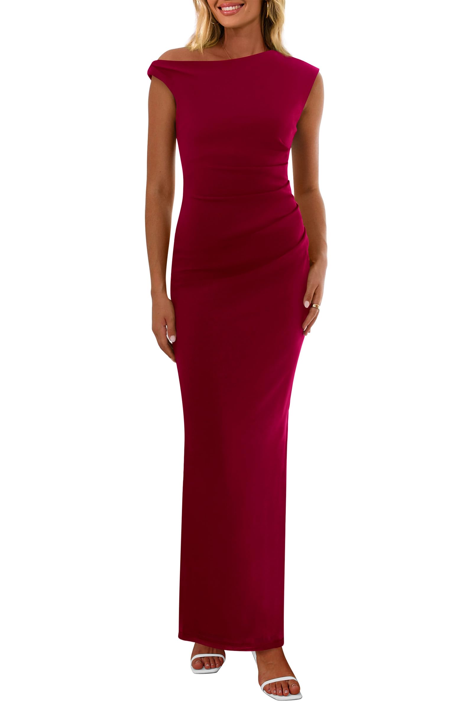 Foto 2 pulgar | Vestido Largo Prettygarden 2025 Con Un Solo Hombro Para Mujer, Color Rojo Vino - Venta Internacional.