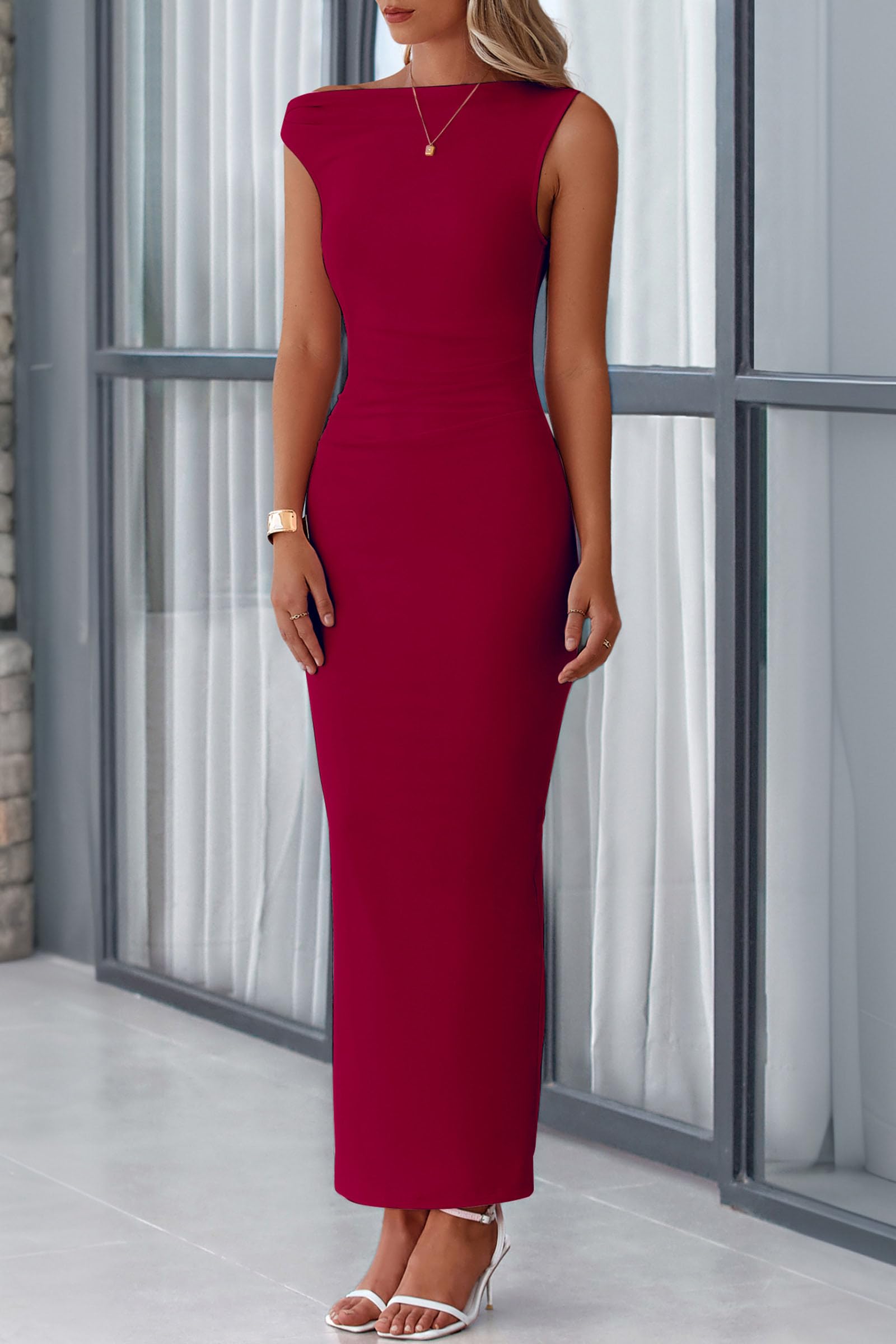 Foto 8 pulgar | Vestido Largo Prettygarden 2025 Con Un Solo Hombro Para Mujer, Color Rojo Vino - Venta Internacional.
