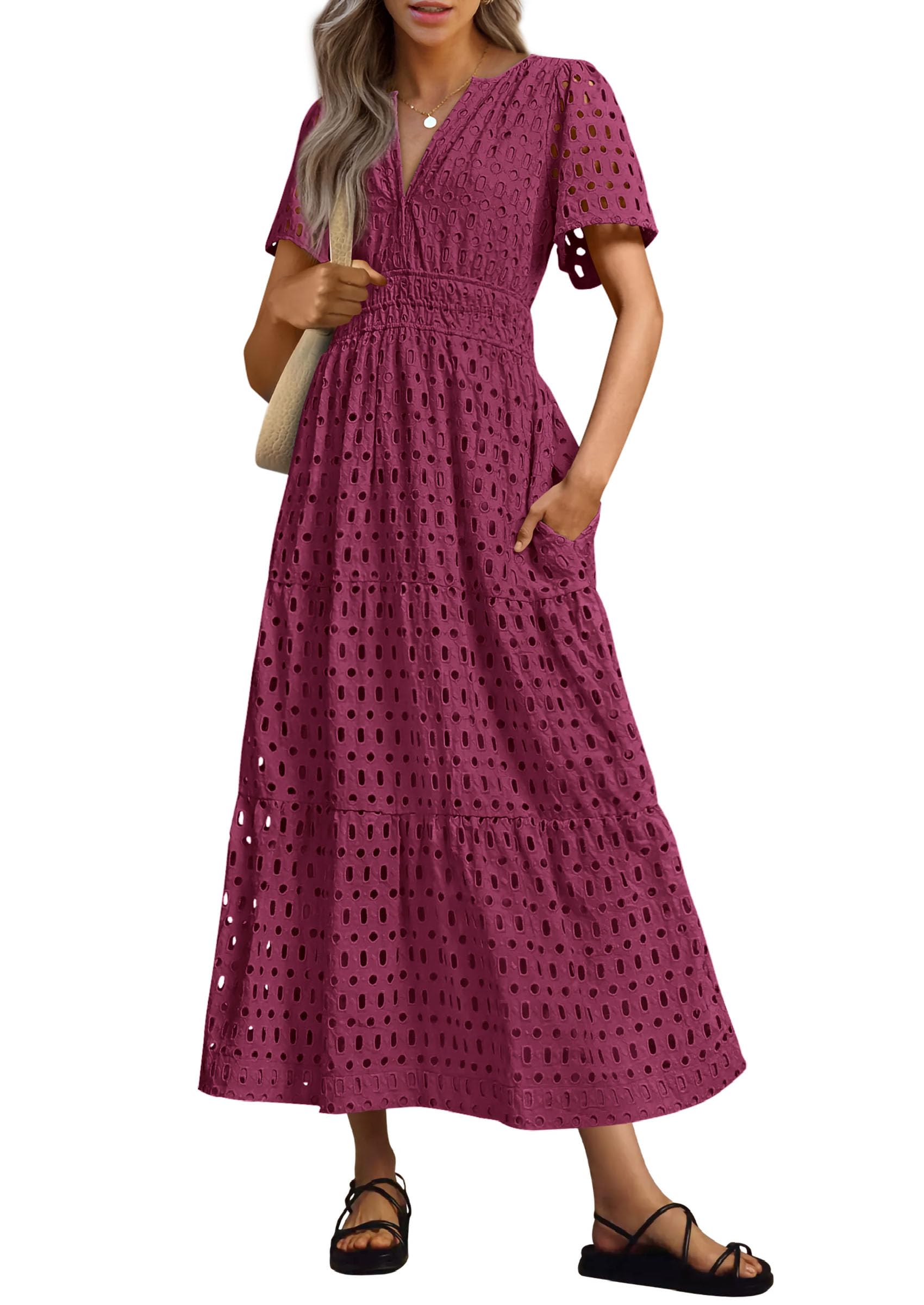 Vestido Largo Prettygarden 2025, Verano, Cuello En V, Ojales, Rojo Vino - Venta Internacional.
