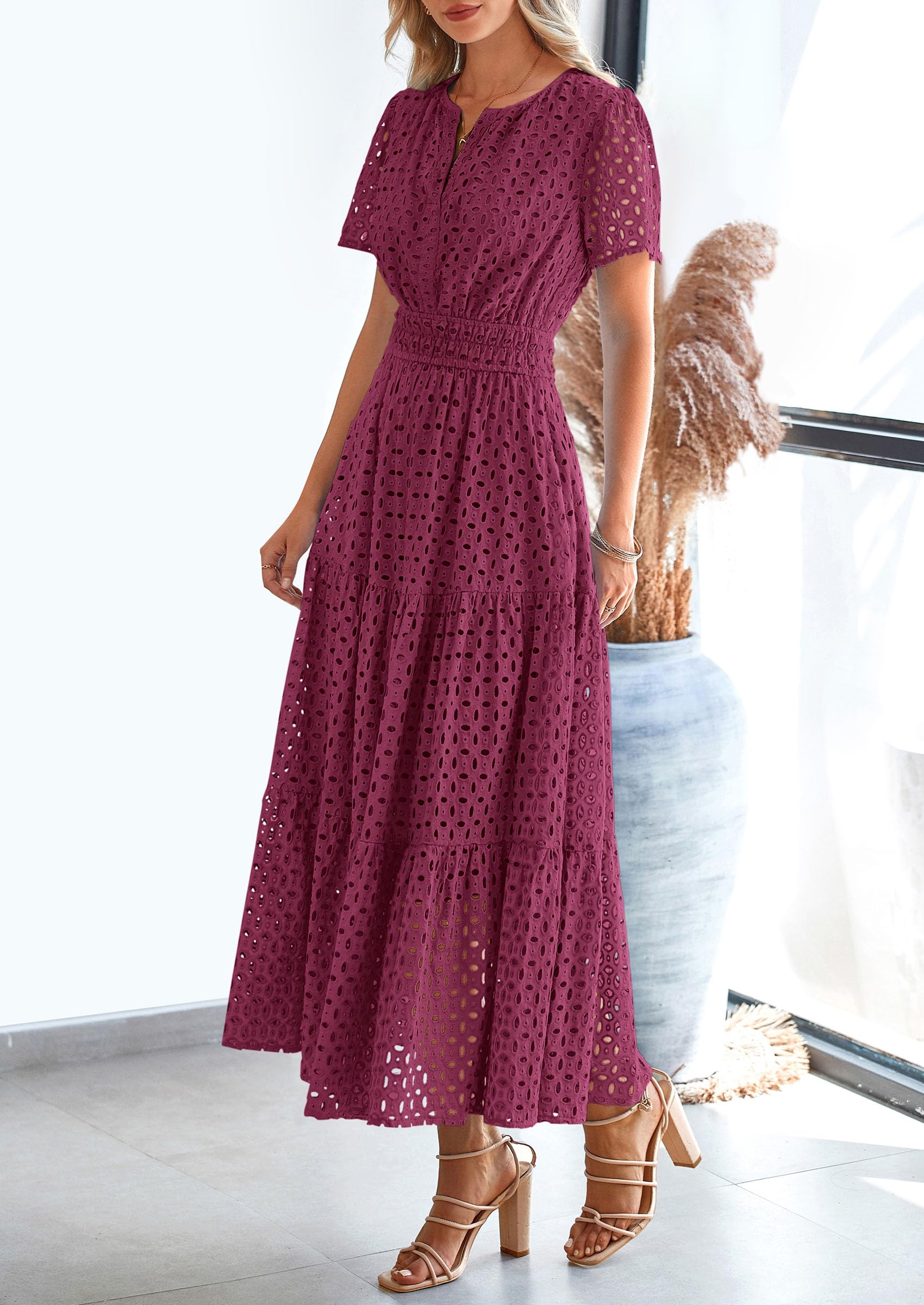 Foto 4 pulgar | Vestido Largo Prettygarden 2025, Verano, Cuello En V, Ojales, Rojo Vino - Venta Internacional.