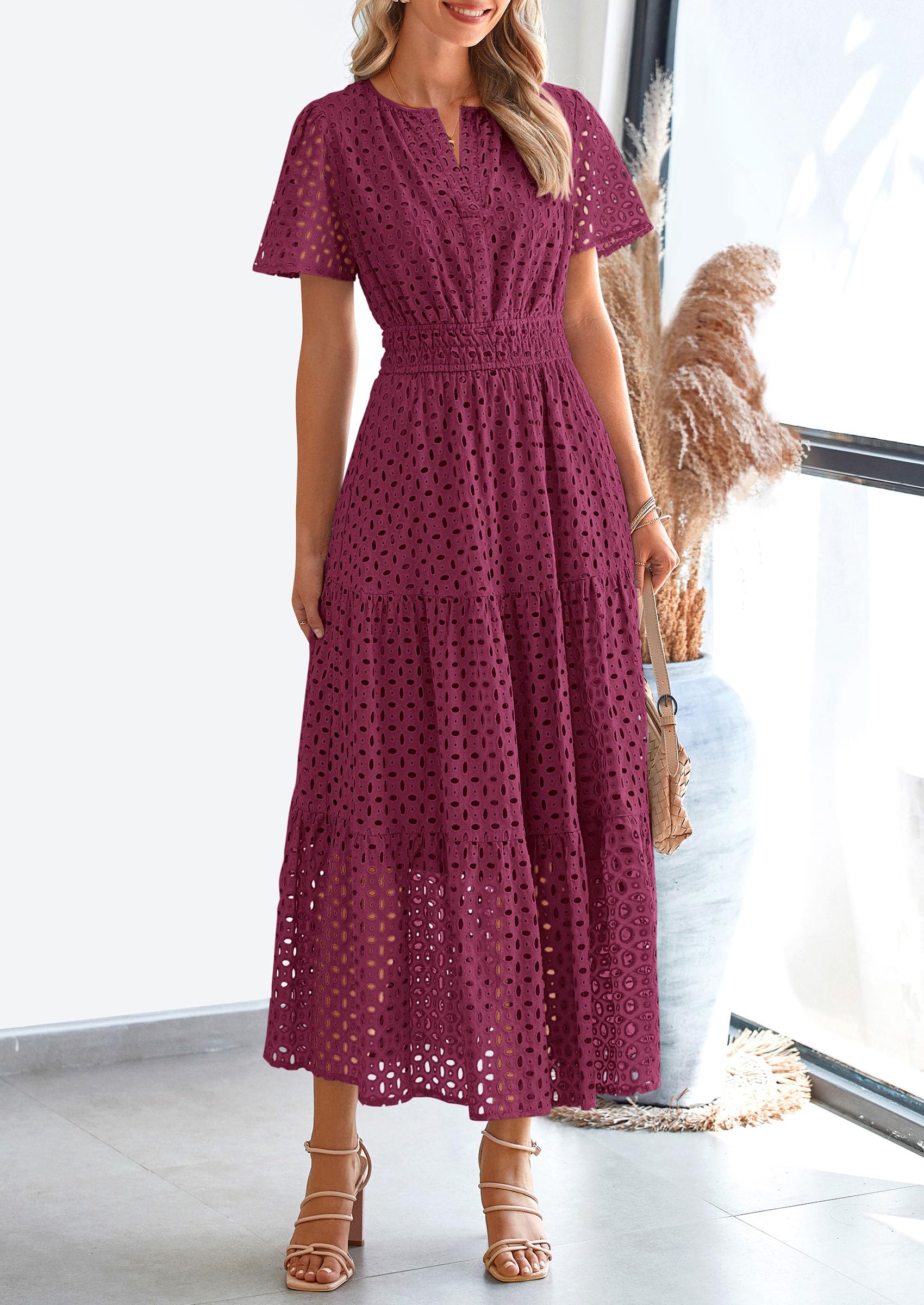 Foto 4 | Vestido Largo Prettygarden 2025, Verano, Cuello En V, Ojales, Rojo Vino - Venta Internacional.