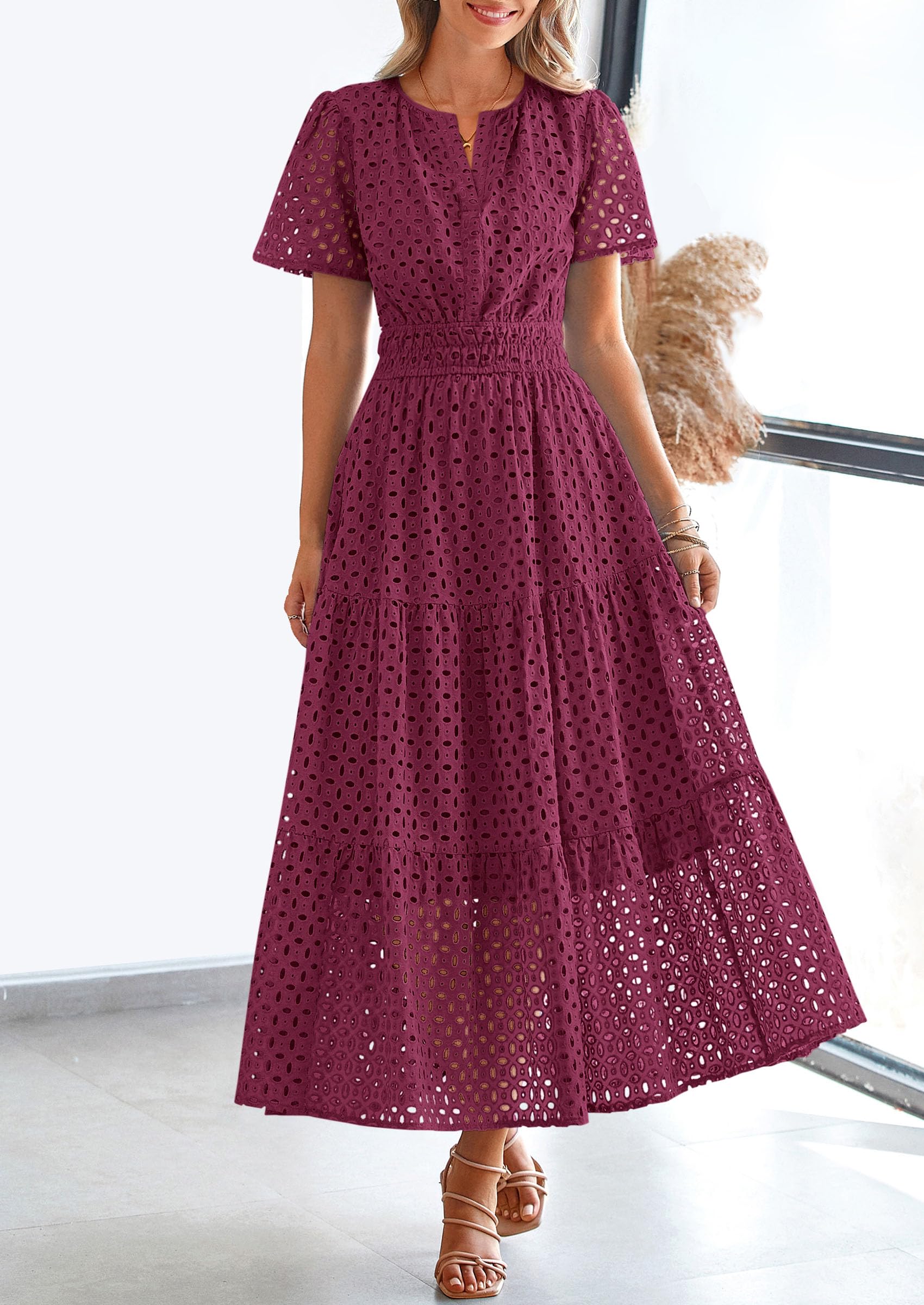 Foto 5 | Vestido Largo Prettygarden 2025, Verano, Cuello En V, Ojales, Rojo Vino - Venta Internacional.