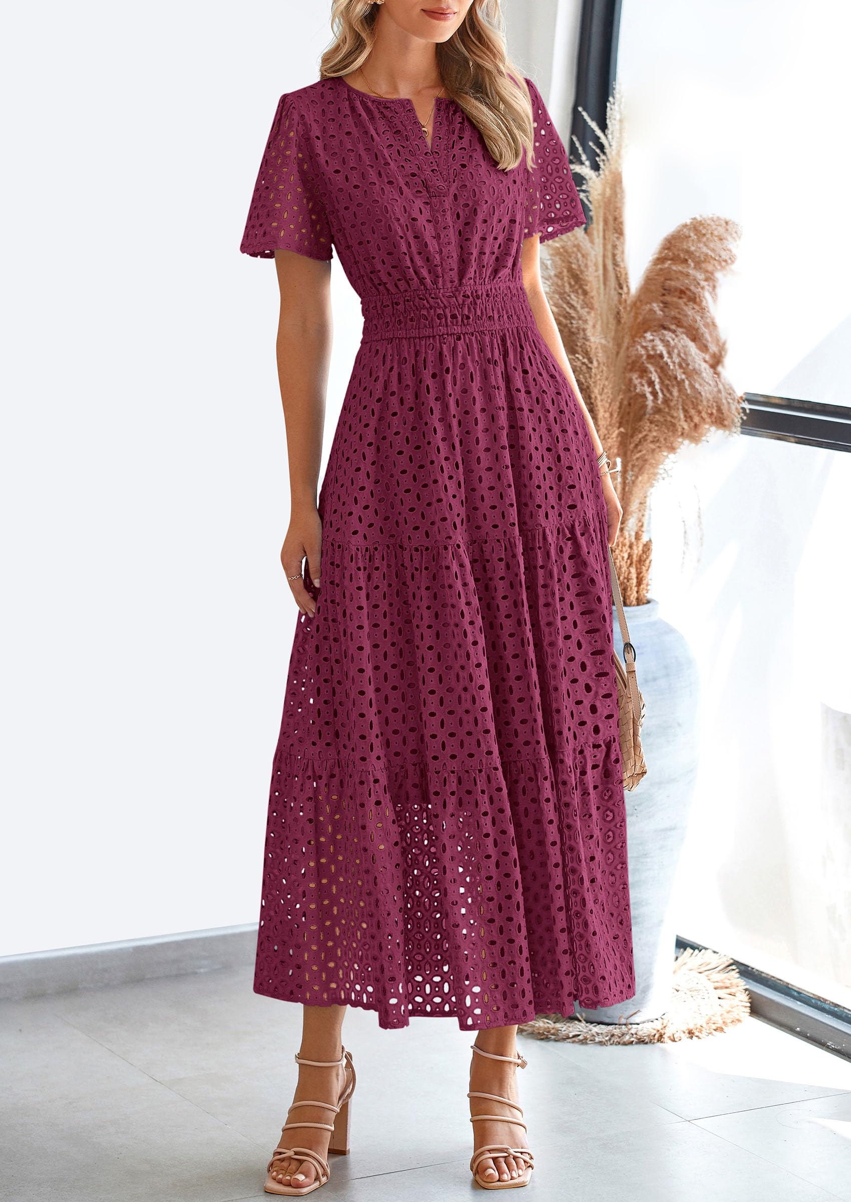 Foto 7 | Vestido Largo Prettygarden 2025, Verano, Cuello En V, Ojales, Rojo Vino - Venta Internacional.