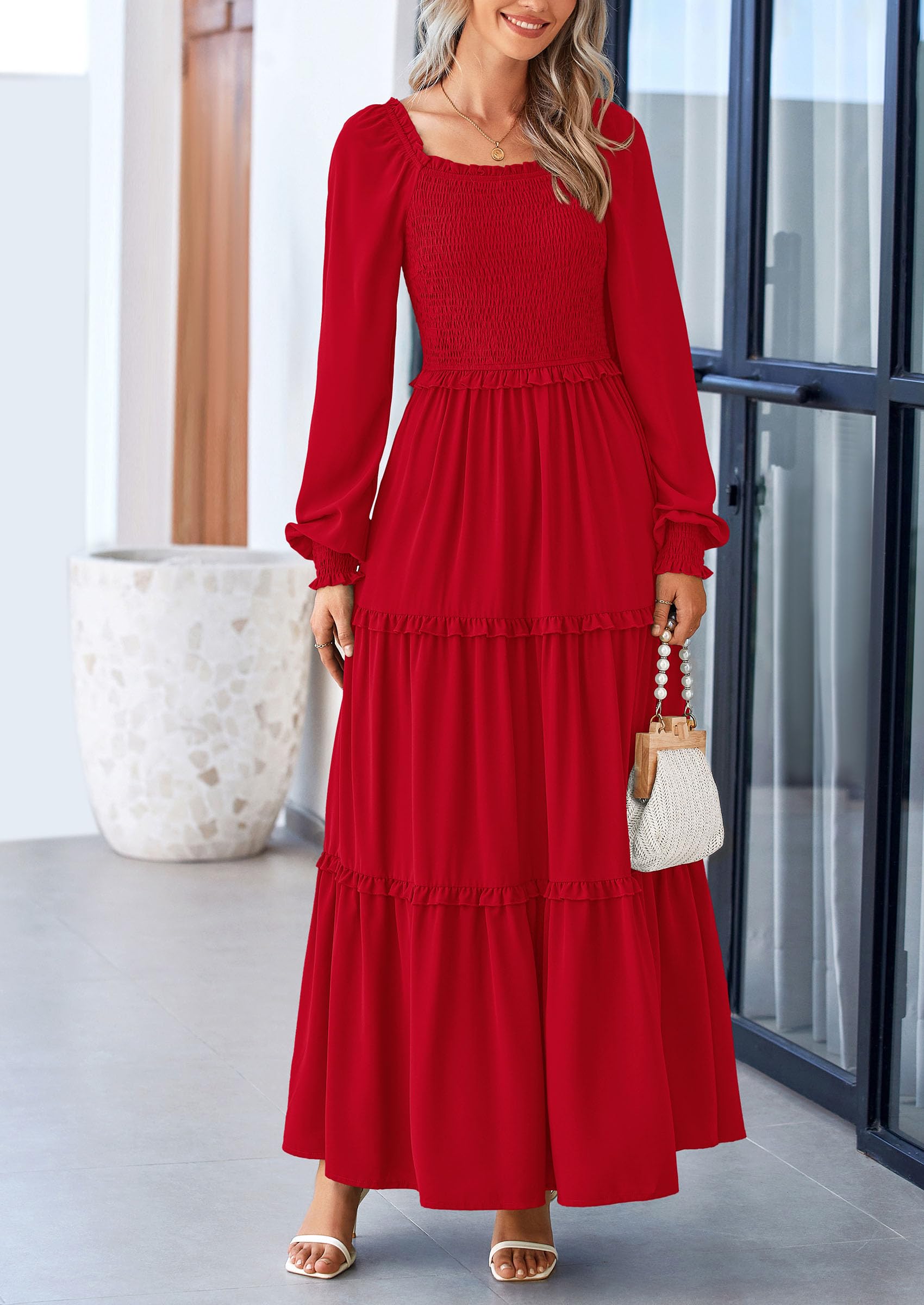 Foto 6 pulgar | Vestido Largo Prettygarden Para Mujer, Estampado Primaveral, Rojo, Talla L - Venta Internacional.