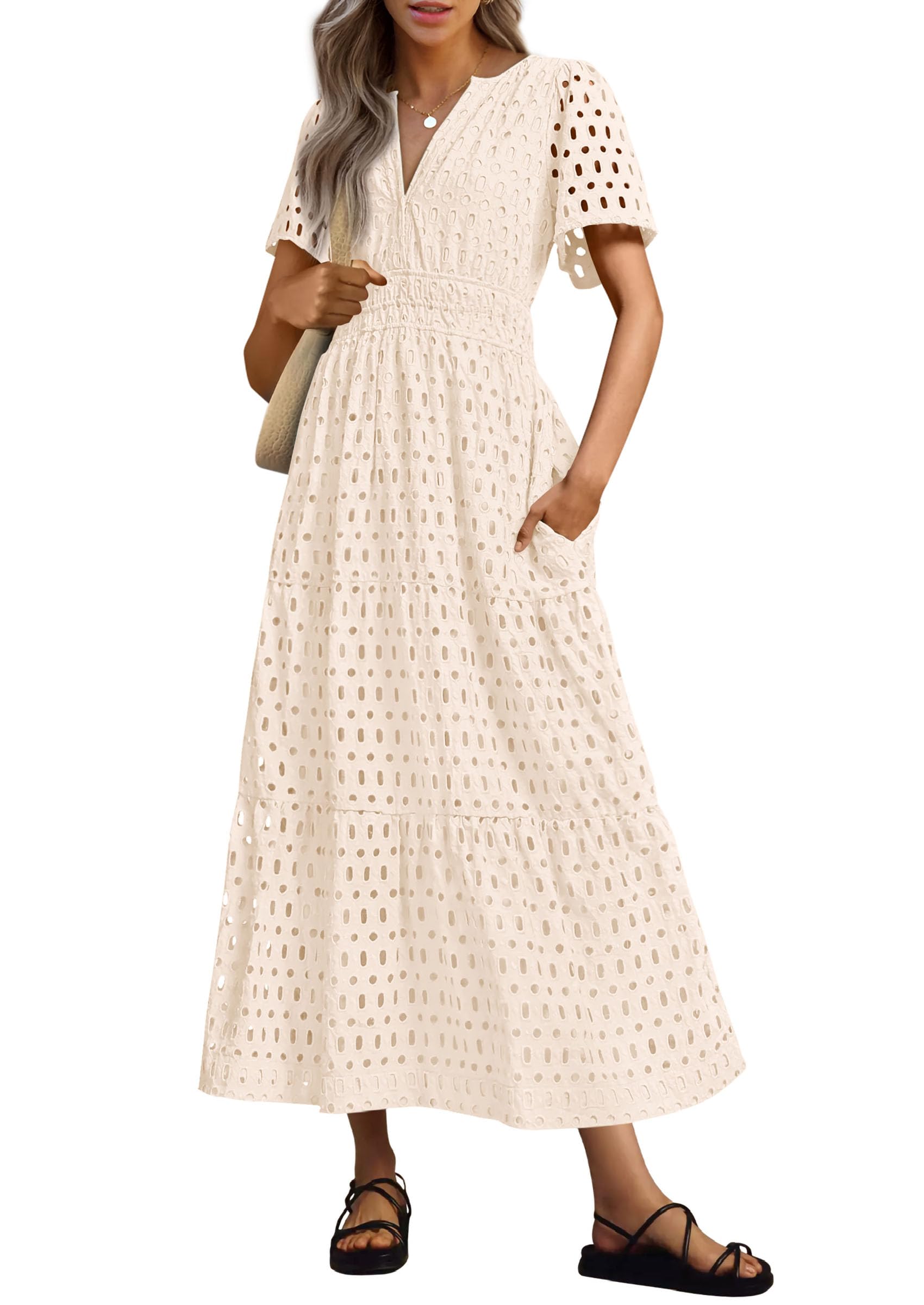 Foto 1 | Vestido Largo Prettygarden 2025 De Verano Con Cuello En V Y Ojales Para Mujer - Venta Internacional.