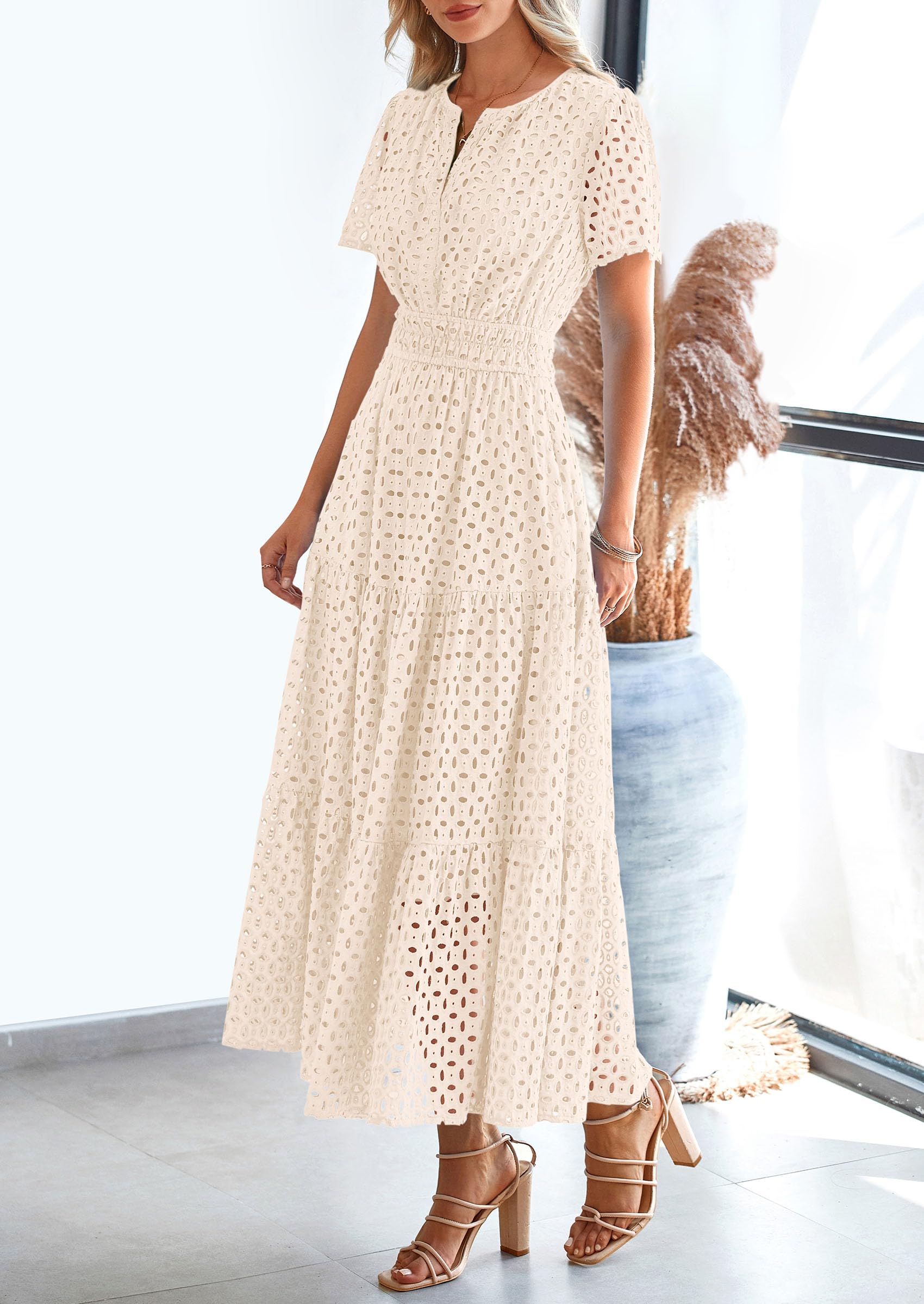 Foto 4 pulgar | Vestido Largo Prettygarden 2025 De Verano Con Cuello En V Y Ojales Para Mujer - Venta Internacional.