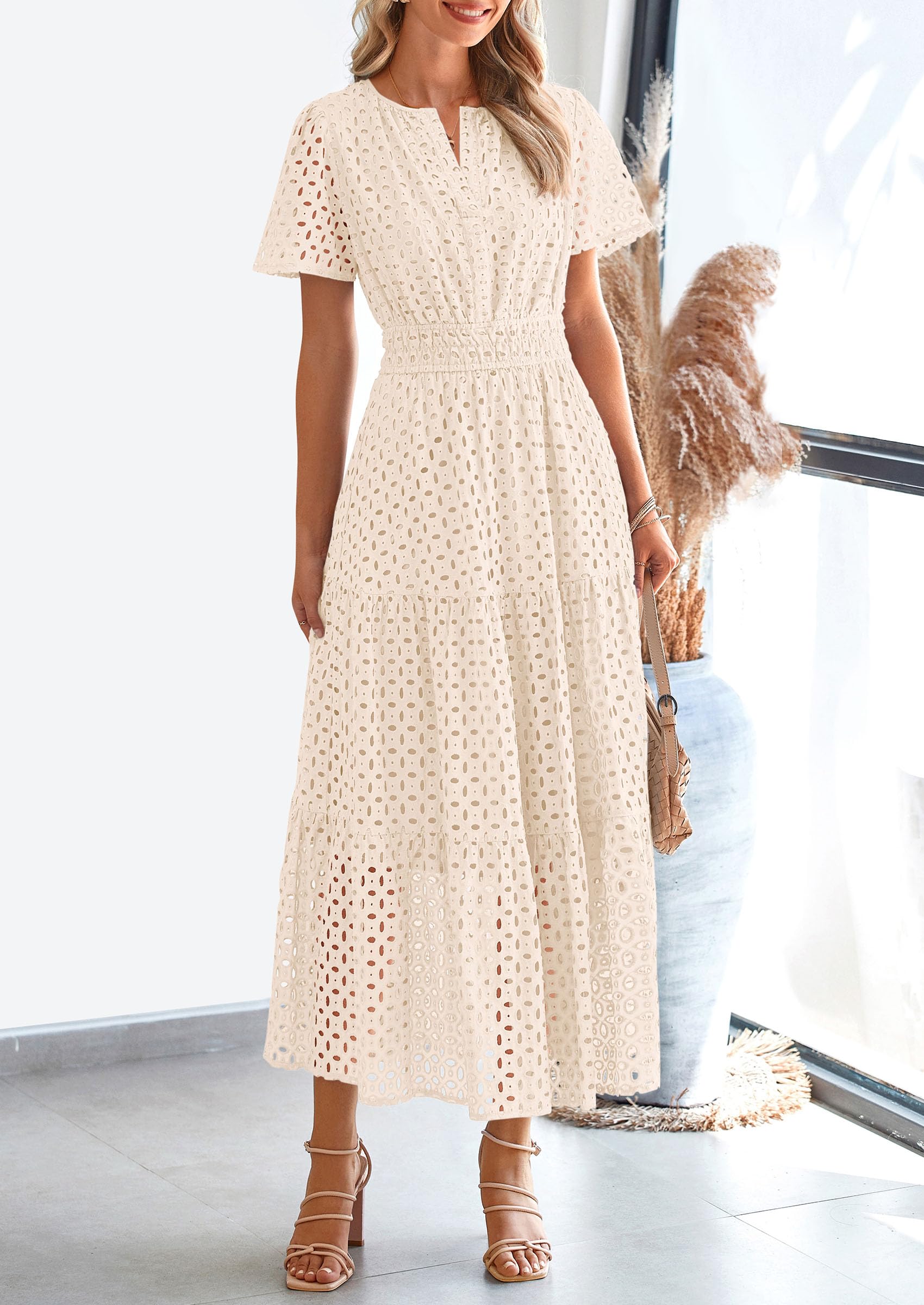 Foto 4 | Vestido Largo Prettygarden 2025 De Verano Con Cuello En V Y Ojales Para Mujer - Venta Internacional.