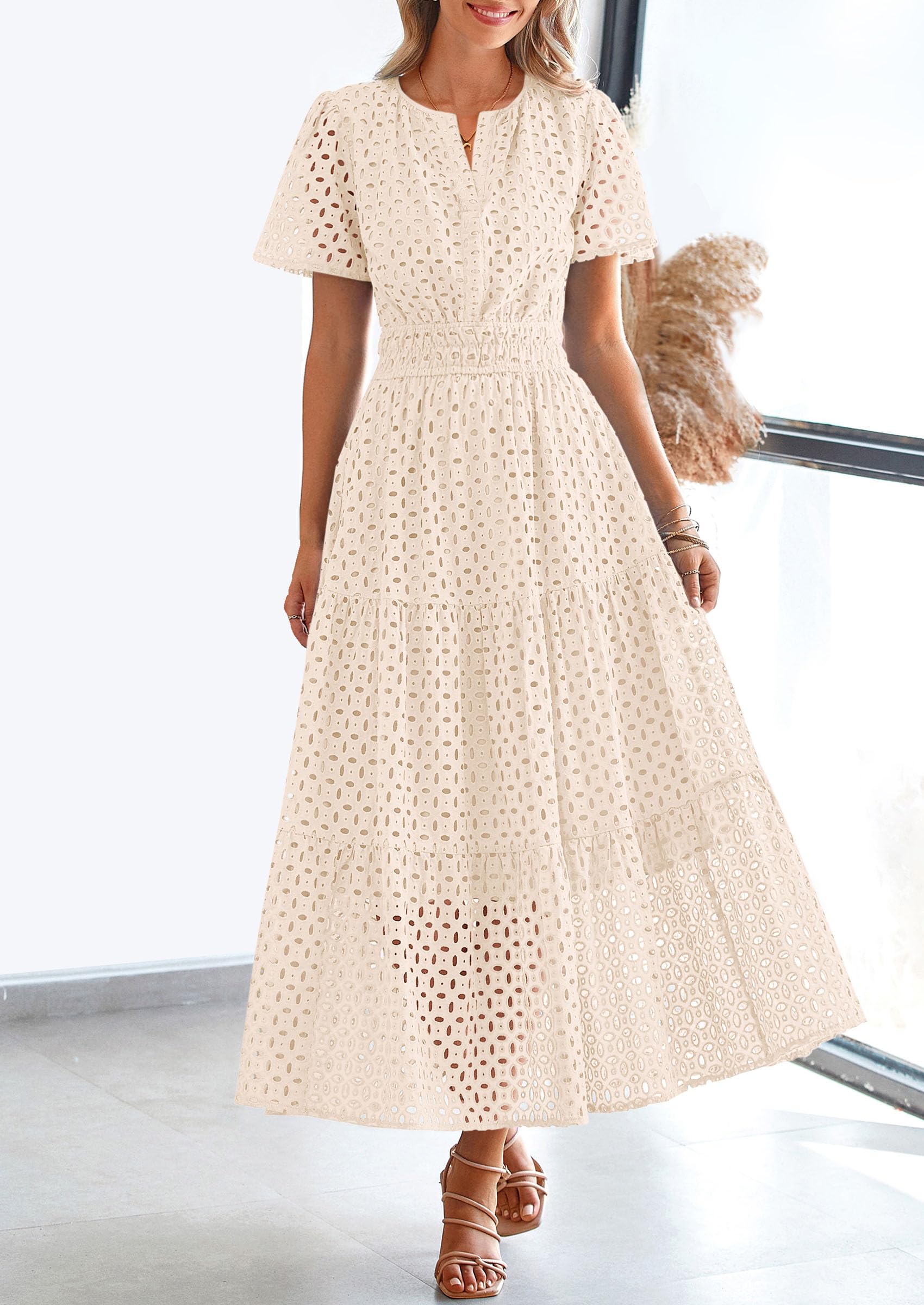 Foto 6 pulgar | Vestido Largo Prettygarden 2025 De Verano Con Cuello En V Y Ojales Para Mujer - Venta Internacional.