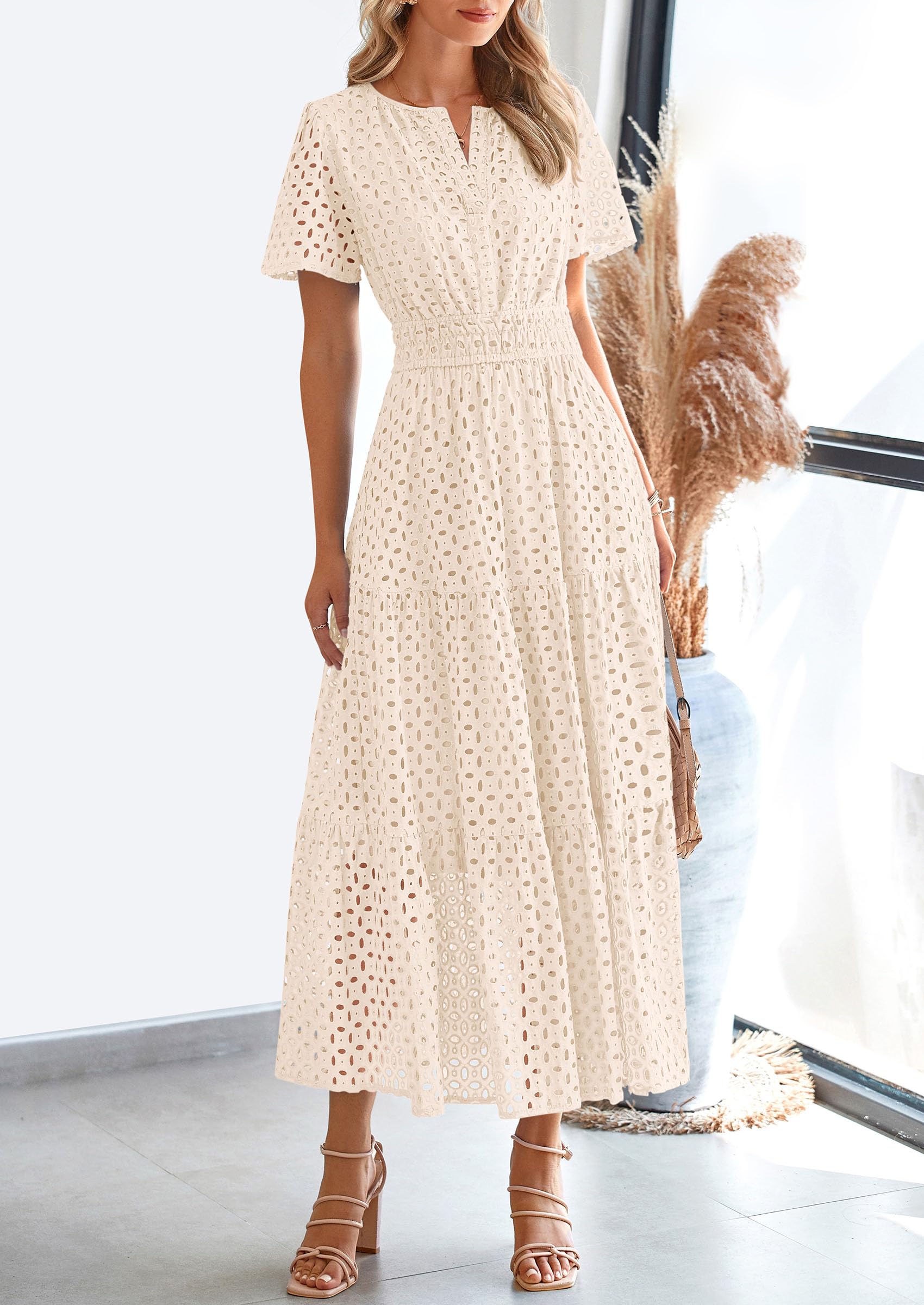 Foto 7 | Vestido Largo Prettygarden 2025 De Verano Con Cuello En V Y Ojales Para Mujer - Venta Internacional.