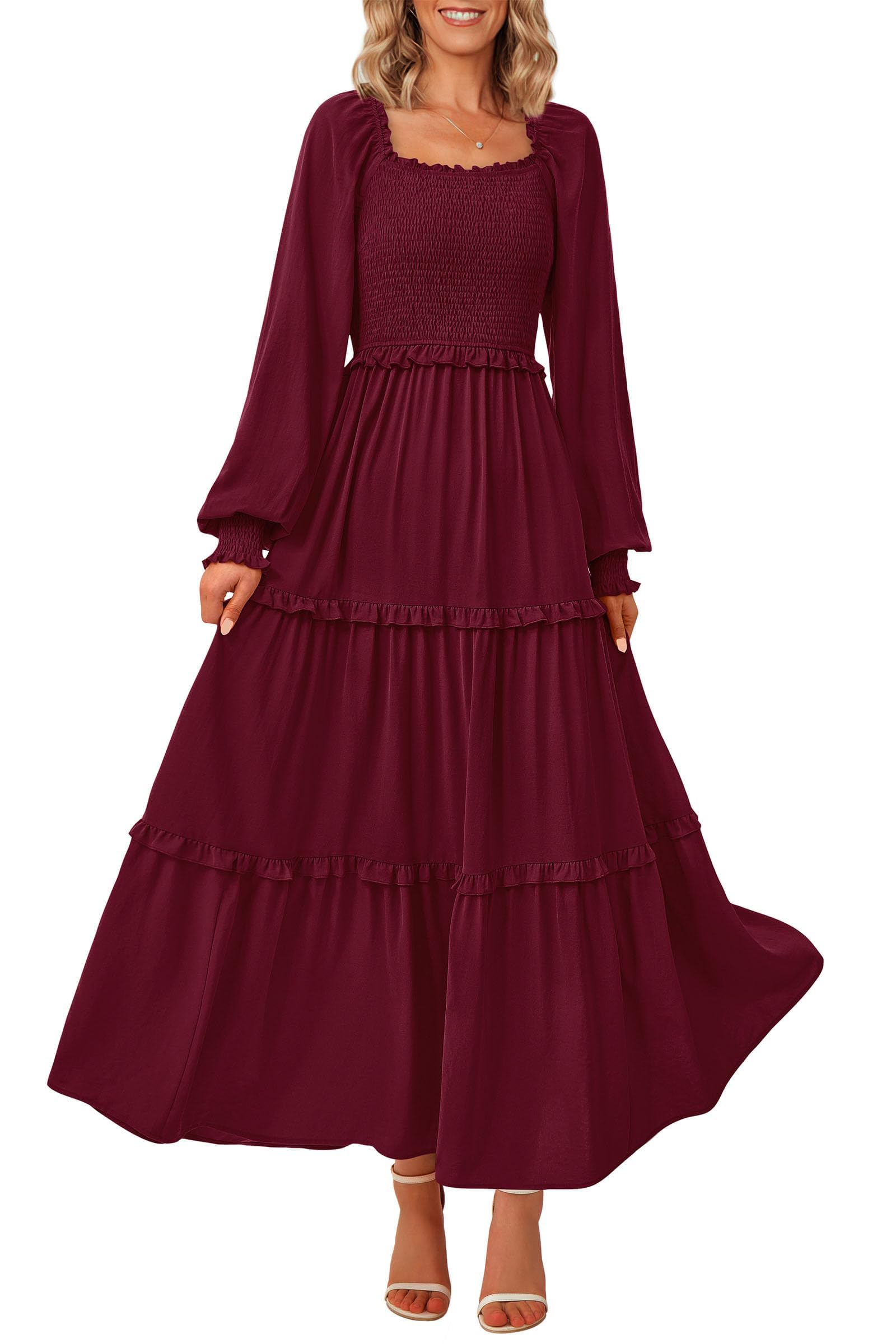 Foto 2 pulgar | Vestido Largo Prettygarden Para Mujer, Estampado Primaveral, Rojo Vino Oscuro - Venta Internacional.