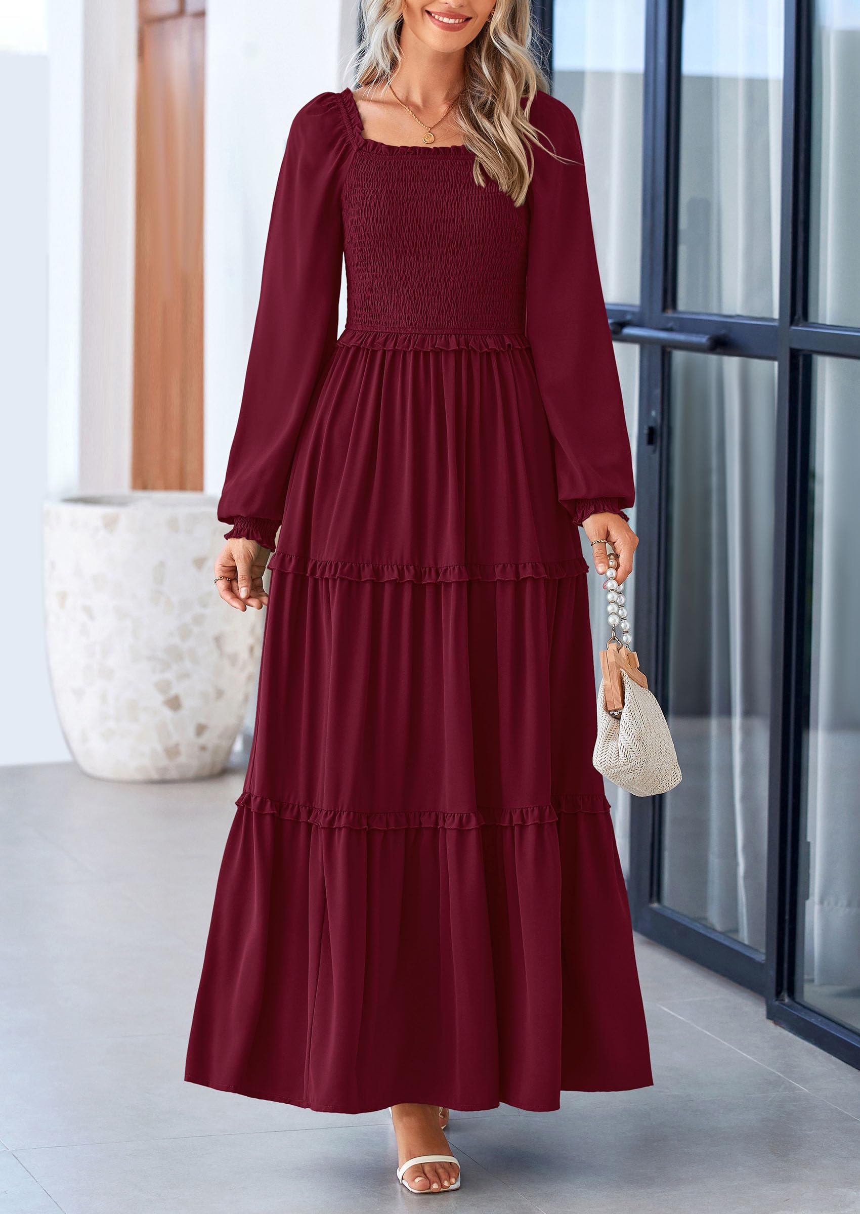 Foto 4 pulgar | Vestido Largo Prettygarden Para Mujer, Estampado Primaveral, Rojo Vino Oscuro - Venta Internacional.