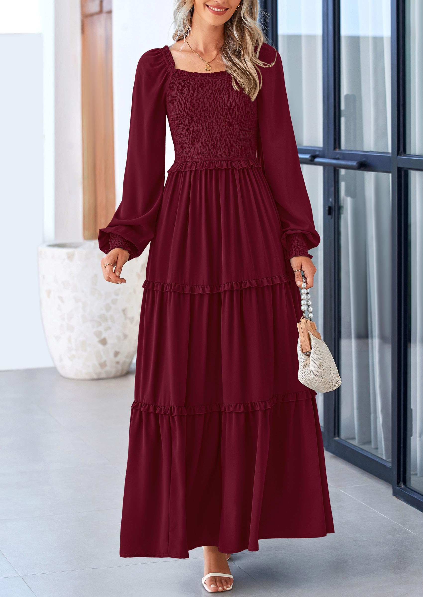 Foto 5 pulgar | Vestido Largo Prettygarden Para Mujer, Estampado Primaveral, Rojo Vino Oscuro - Venta Internacional.