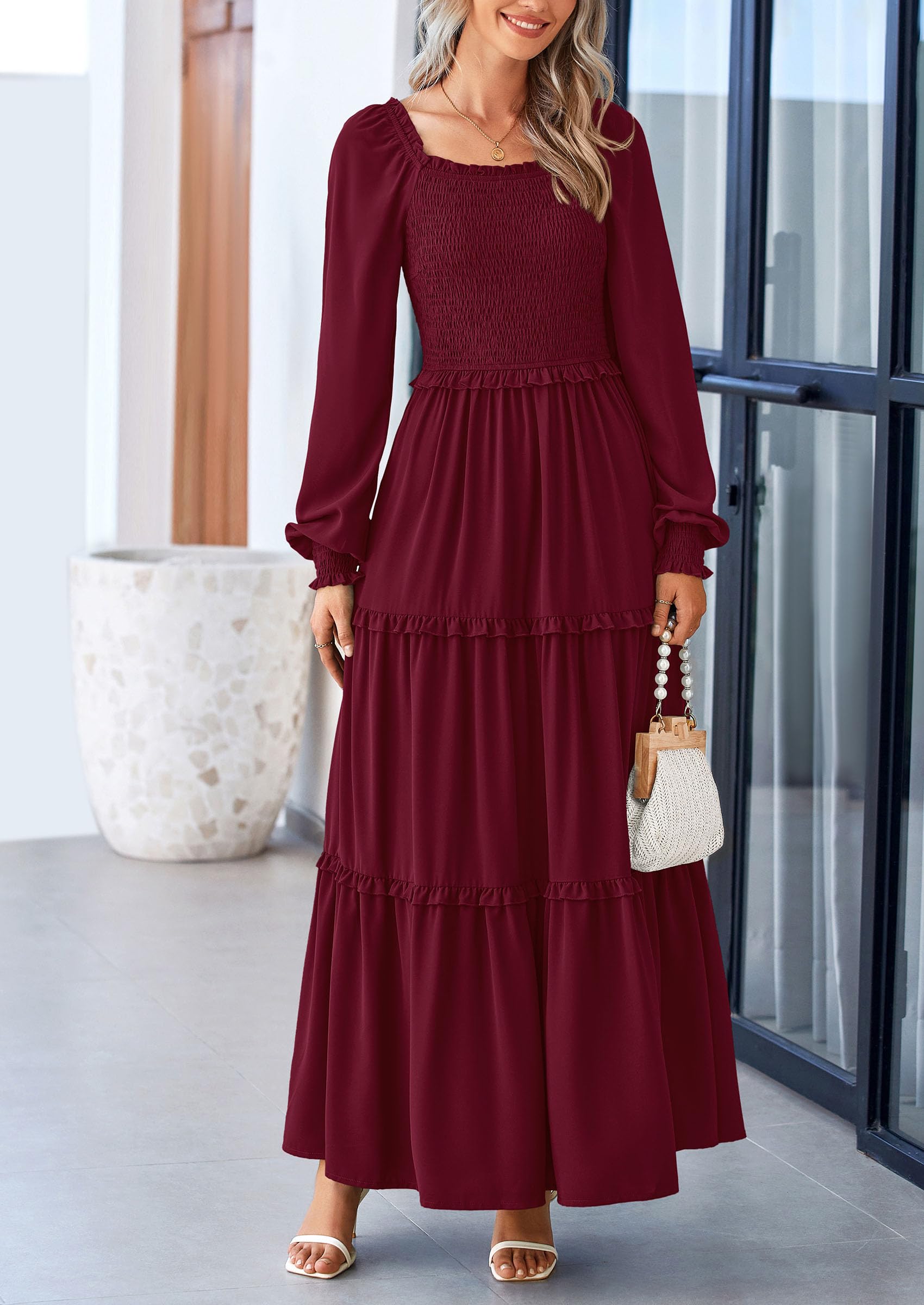Foto 6 pulgar | Vestido Largo Prettygarden Para Mujer, Estampado Primaveral, Rojo Vino Oscuro - Venta Internacional.
