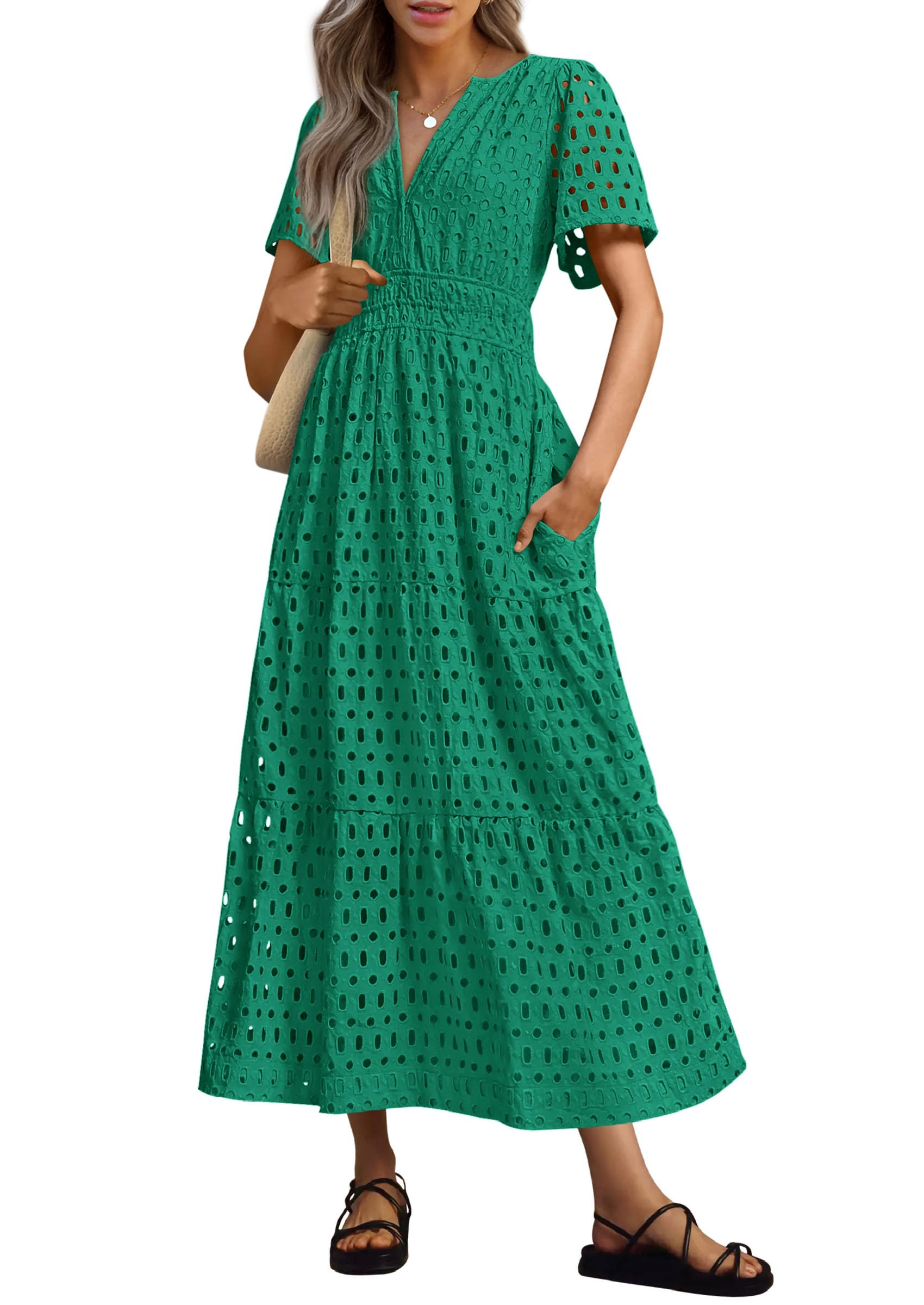Vestido Largo Prettygarden 2025 De Verano Con Cuello En V Y Ojales Para Mujer - Venta Internacional.