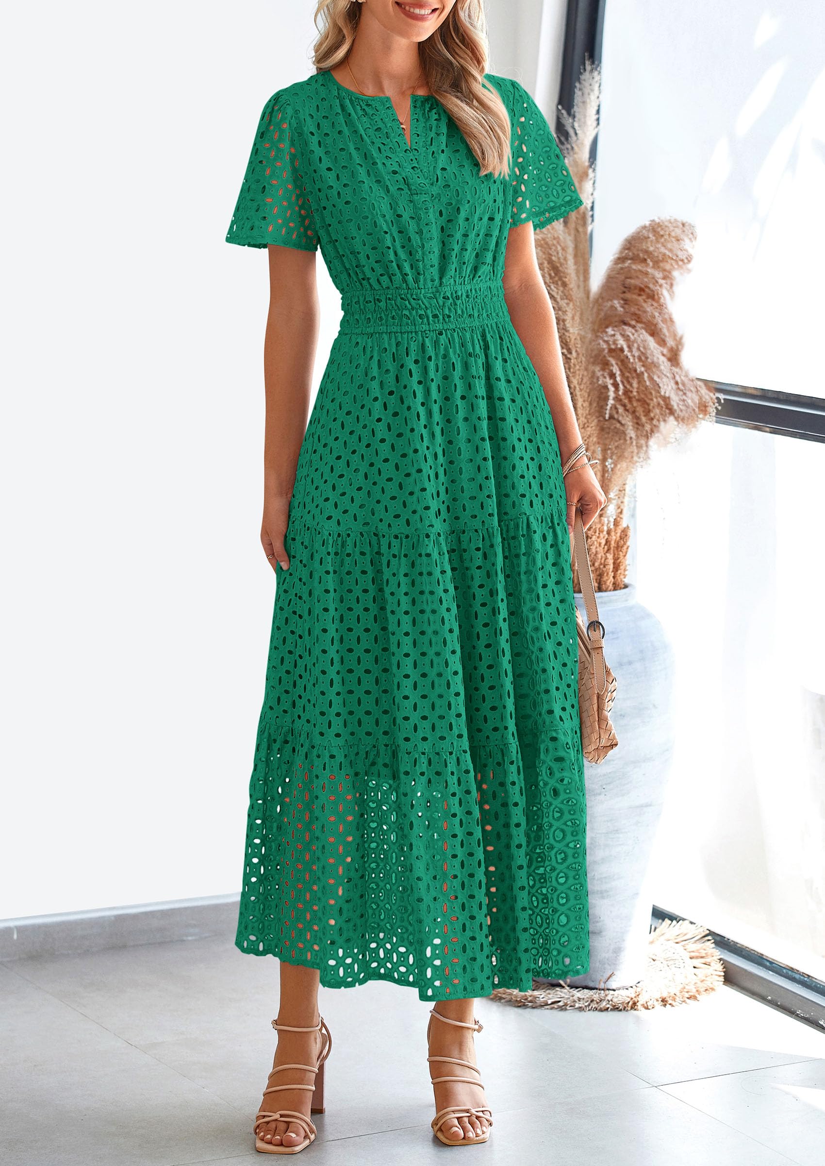 Foto 5 pulgar | Vestido Largo Prettygarden 2025 De Verano Con Cuello En V Y Ojales Para Mujer - Venta Internacional.