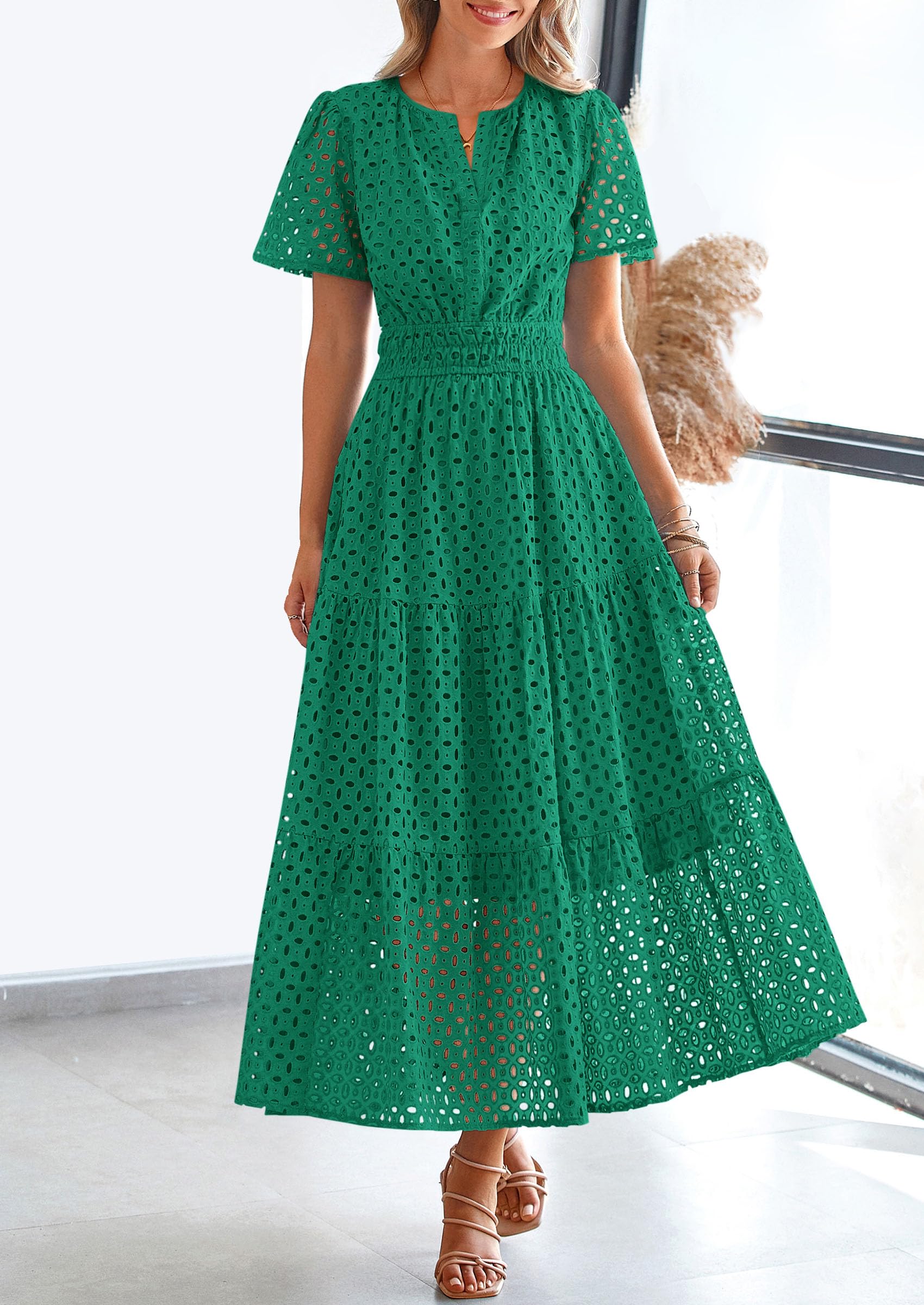 Foto 6 pulgar | Vestido Largo Prettygarden 2025 De Verano Con Cuello En V Y Ojales Para Mujer - Venta Internacional.