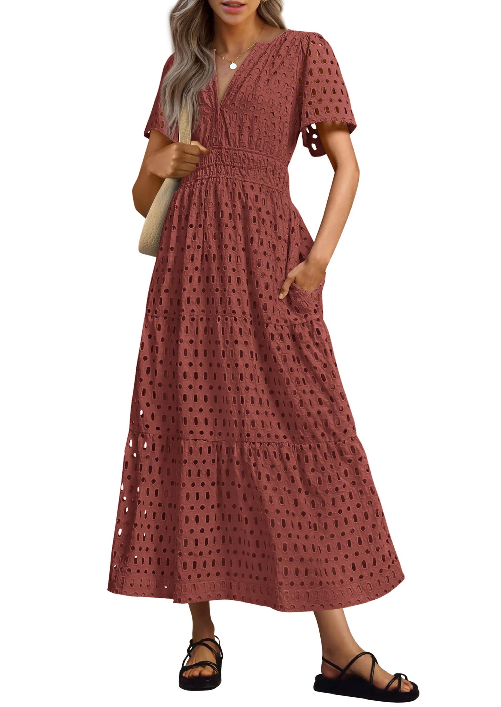 Vestido Largo Prettygarden 2025 Para Mujer Con Cuello En V Y Manga Corta - Venta Internacional.